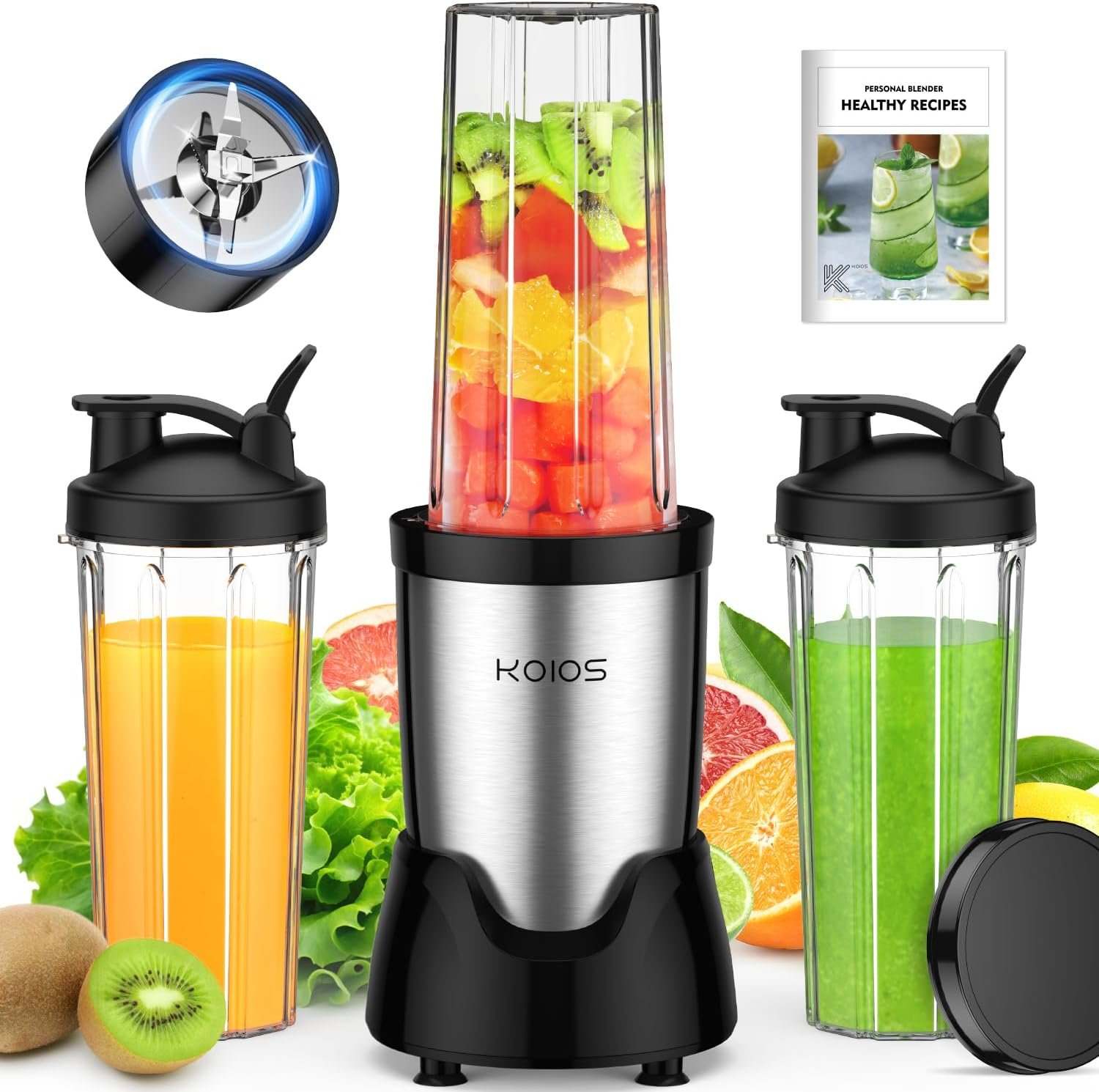 KOIOS Blender for Smoothies, Personal Blender for Shakes and Smoothies with 3 * 22oz To-Go Cups, 22000 RPM Smoothie Maker, Detachable Blade Portable Blenders for kitchen, Black