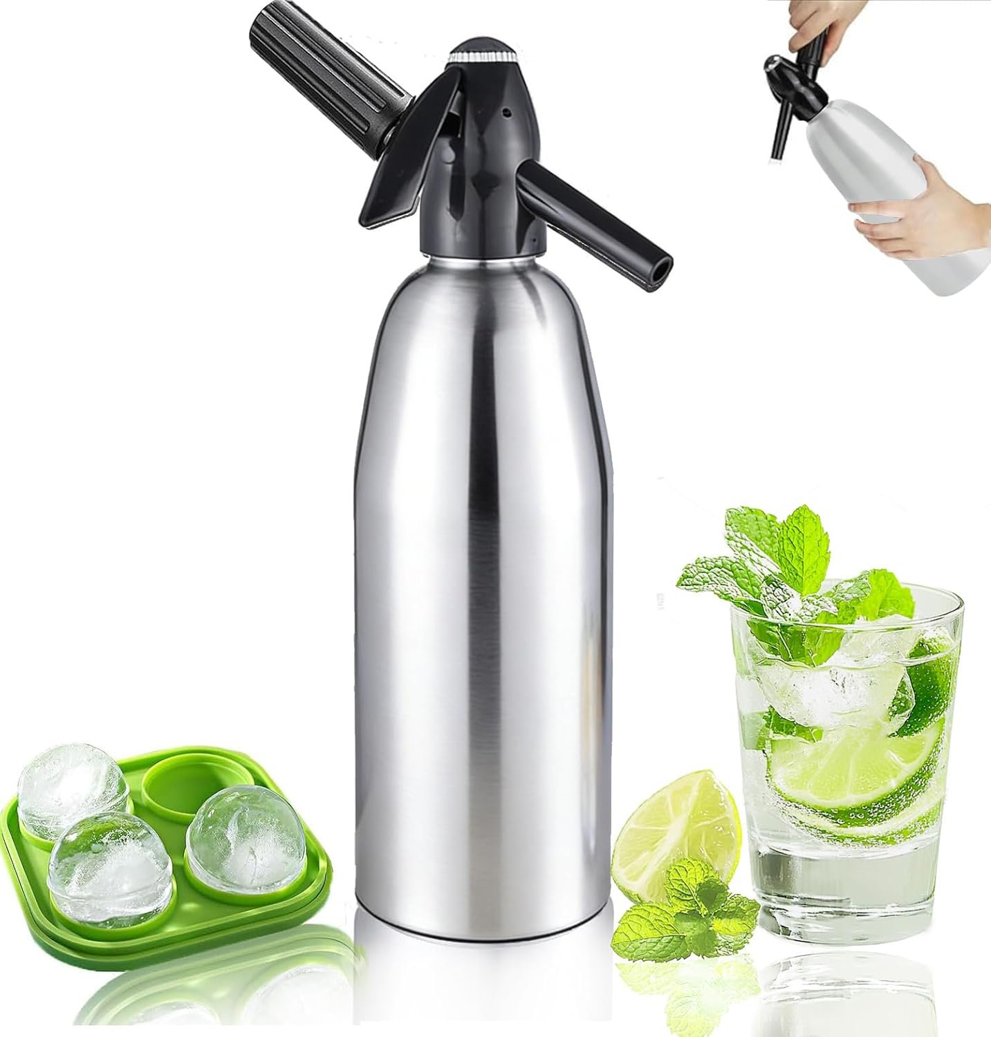 Soda Siphon,1L Carbonated Soda Maker Sparkling Water Machine, Portable Soda Maker for Home & Outdoor, Aluminium Soda Water Machine for Cocktails DIY Drinks,Use 8 gram CO2 Cartridges (Not Included)