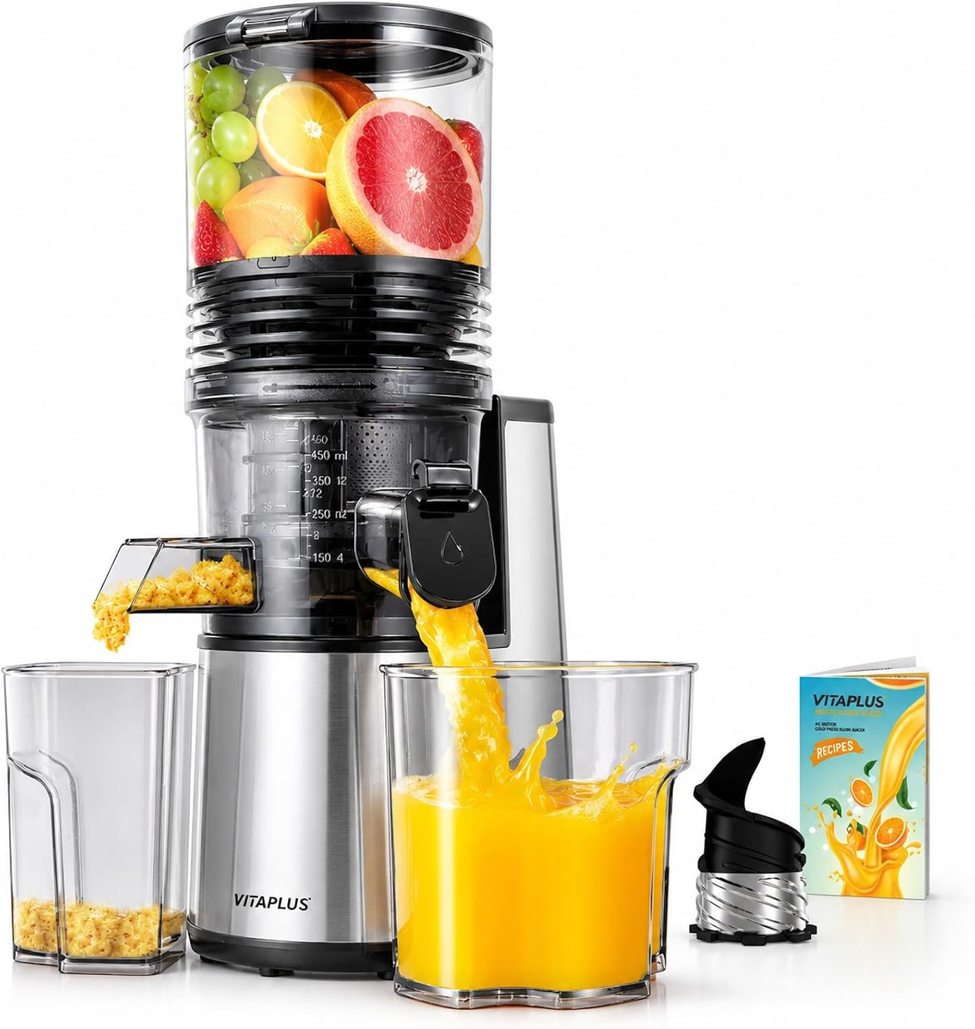 VITAPLUS Cold Press Juicer with Stainless Steel Auger, Lab-Certified Food-Safe, AC Motor, 5.8″ Whole-Fruit Chute, High Juice Yield Slow Masticating Juicer for Juice & Nut Milk, BPA-Free, Easy Clean