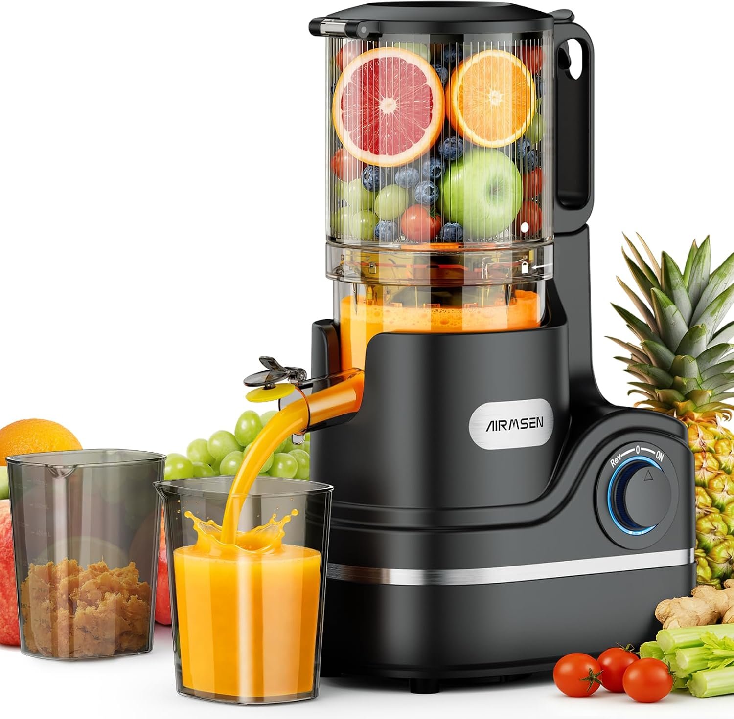 AIRMSEN Juicer Machines, 5.8″ Feed Chute Cold Press Juicer for Whole Fruit and Vegetable, 300W, 7+1-Stage New Upgraded Auger Slow Masticating High Yield, Easy to Clean Black
