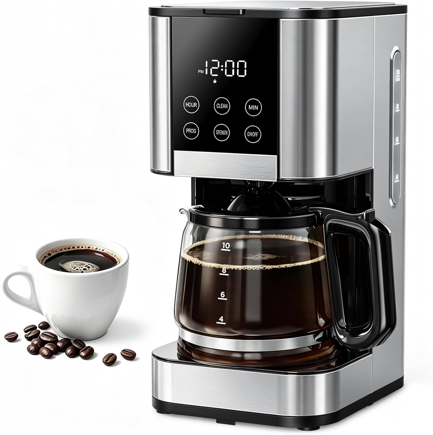 10 Cup Programmable Drip Coffee Maker, Adjustable Brew Strength, Pause & Serve, Heat Resistant Glass Carafe, Permanent Filter, Auto Shut Off, Stainless Steel, Compact Coffee Machine for Home Office