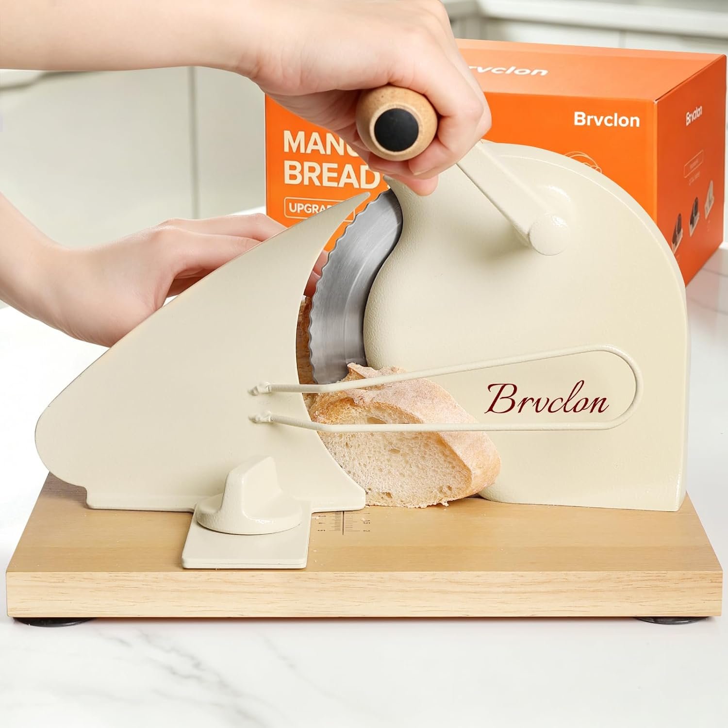 Brvclon Manual Bread Slicer Adjustable Thickness, Hand Crank Bread Slicer for Homemade Sourdough Bread with Scale Line & Suction Cup & Metal Guide,Quality Solid Wood Base & Gift-Level Packaging