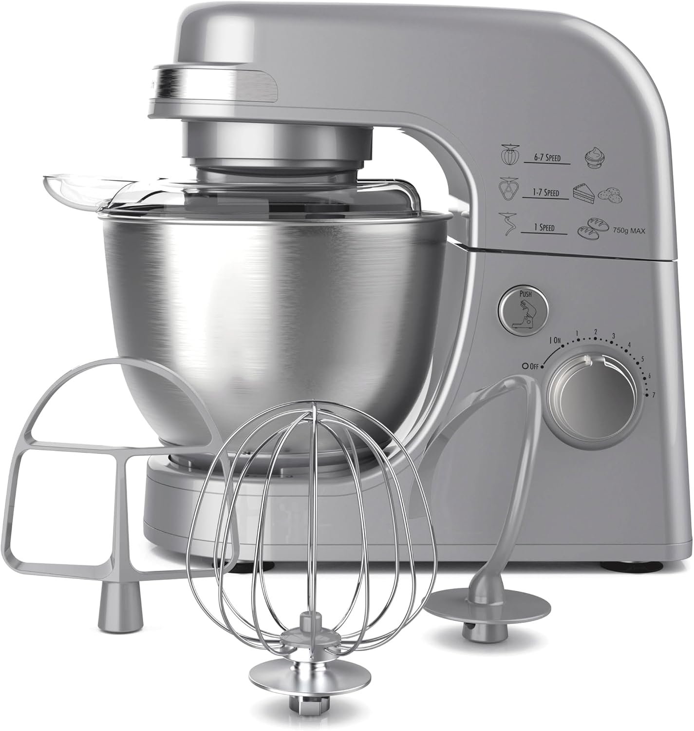 Hamilton Beach Electric Stand Mixer, 4 Quarts, Dough Hook, Flat Beater Attachments, Splash Guard 7 Speeds with Whisk, Silver