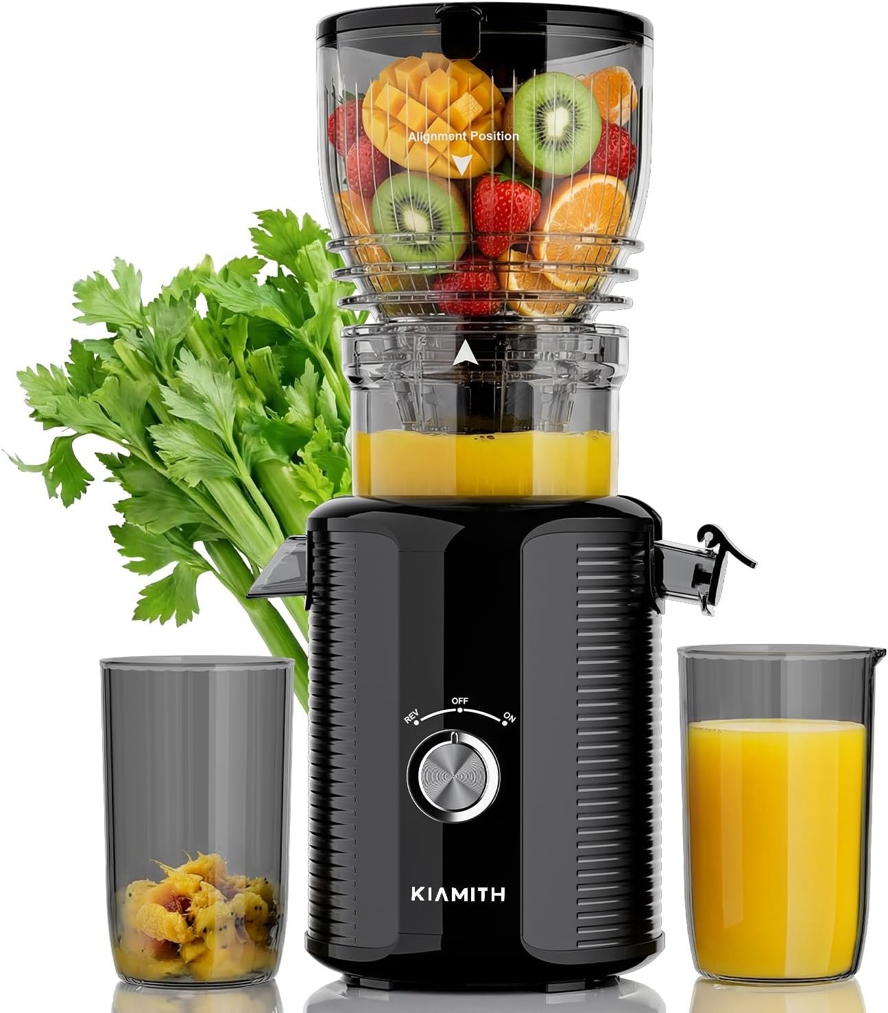 300W Cold Press Juicer with 5.8″ Extra-Large Feed Chute, Slow Masticating Juicer Machines for Fruits and Vegetables, High Juice Yield, Easy to Clean, Family Use, BPA Free (Black & Grey)