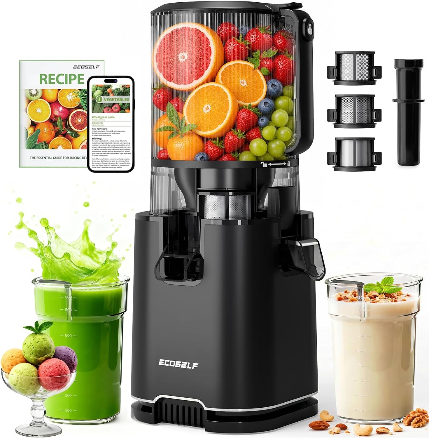 ECOSELF 3-in-1 Cold Press Juicer with 3 Filters for Juice, Nut Milk & Sorbet, 6.0″ Extra Large Feed Chute, Masticating Juicer Machines For Whole Fruits & Vegetables, Quiet Motor (With Pusher)