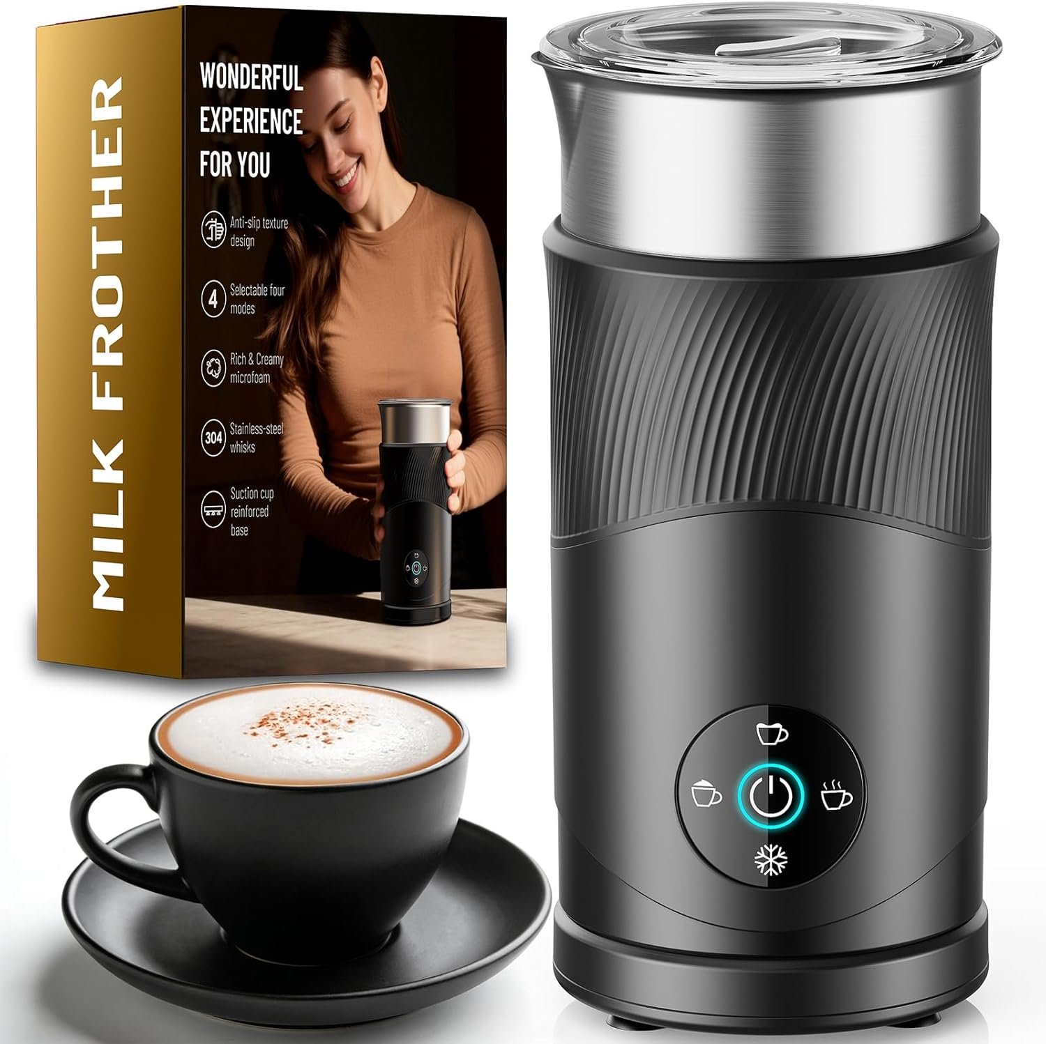 Large Capacity Milk Frother: 4-in-1 Electric Milk Steamer 350ml, 7700RPM High Speed, 120s Fast Frothing, 𝐇𝐨𝐭 & 𝐂𝐨𝐥𝐝 Foam Maker, Helpful Stainless Steel for Latte – Grayish Black