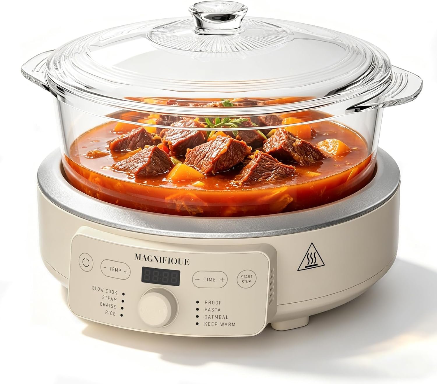 MAGNIFIQUE Slow Cooker, 4.5 Quart 8-in-1 Glass Pot Multi-Cooker, Non-Toxic Slow Cooker with Removable Borosilicate Glass Pot, for Rice, Pasta, Steam & Proof, Oatmeal