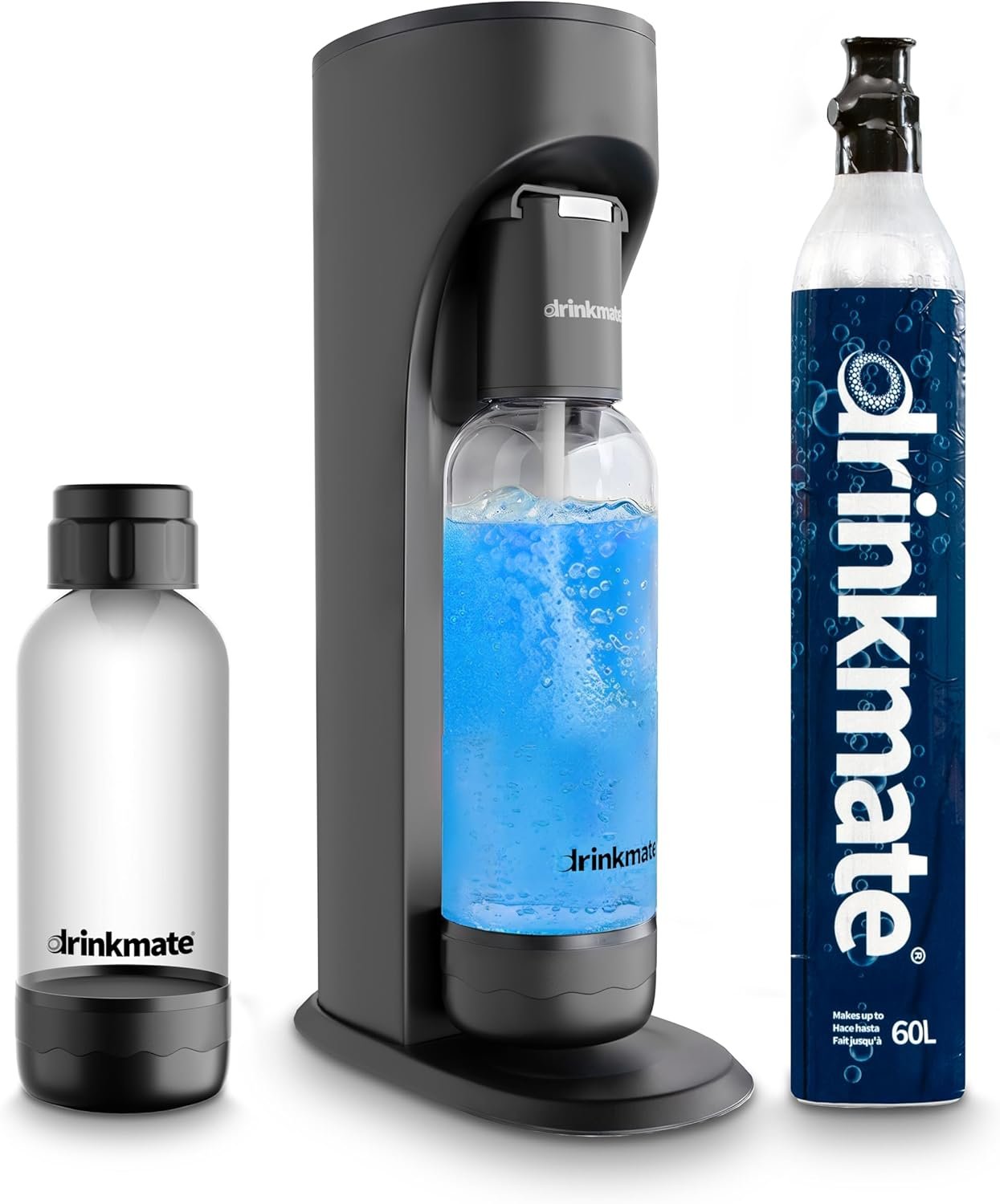 Drinkmate OmniFizz Sparkling Water Maker & Soda Streaming Machine | Carbonates Any Drink | SPECIAL BUNDLE | Includes 60L CO2 Cartridge + Two BPA-Free Bottles (Matte Black)
