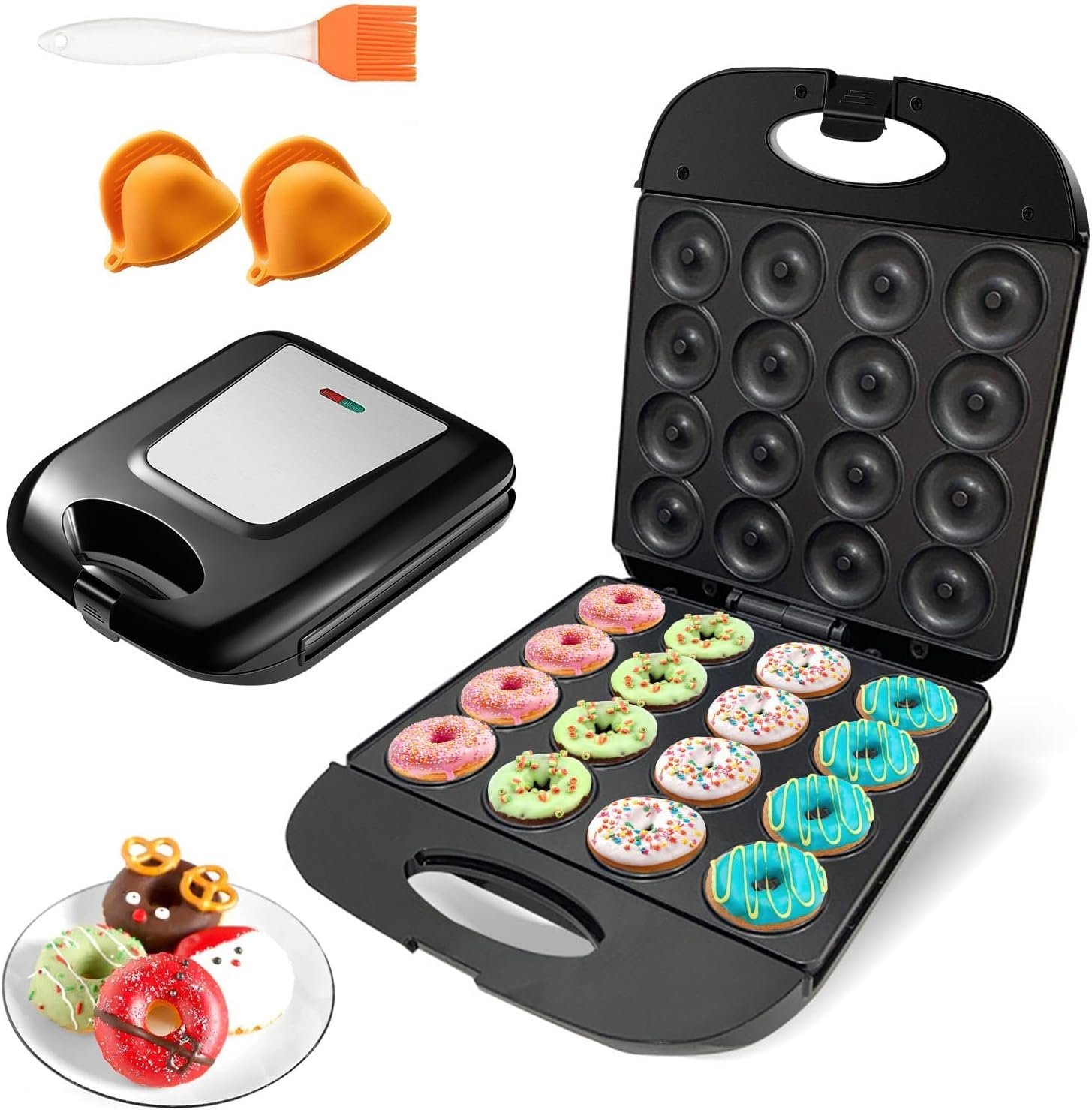 2026 Mini Donut Maker Machine for Home, Kid-Friendly 16-Hole Electric Doughnut and Pancake Maker with Non-Stick Surface, Ideal for Homemade Doughnuts (Black with Mini Oven Gloves & Brush)