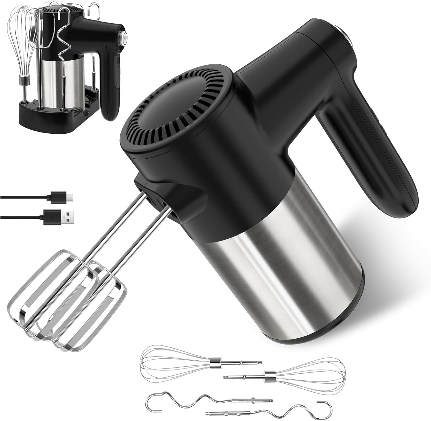 Cordless Electric Hand Mixer, 7 Speed Rechargeable Wireless Handheld Mixer with Eject Button, Long Battery, Quiet Anti-Splash, 6×304 Stainless Steel Attachments & Storage Base for Baking (Black)