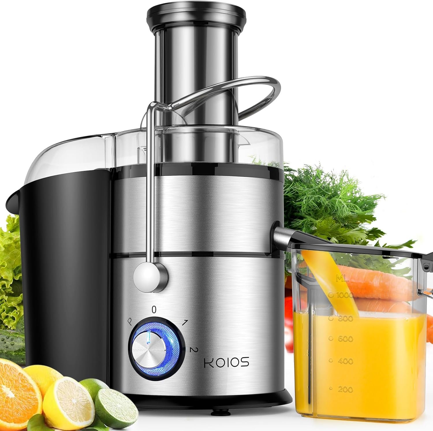 KOIOS 1300W Centrifugal Juicer Machines, High Juice Yield Juice Extractor with 3 inch Wide Feed Chute, Full Copper Motor & Titanium-Plated Filter, Easy Clean, 3 Speeds, BPA Free, Stainless Steel