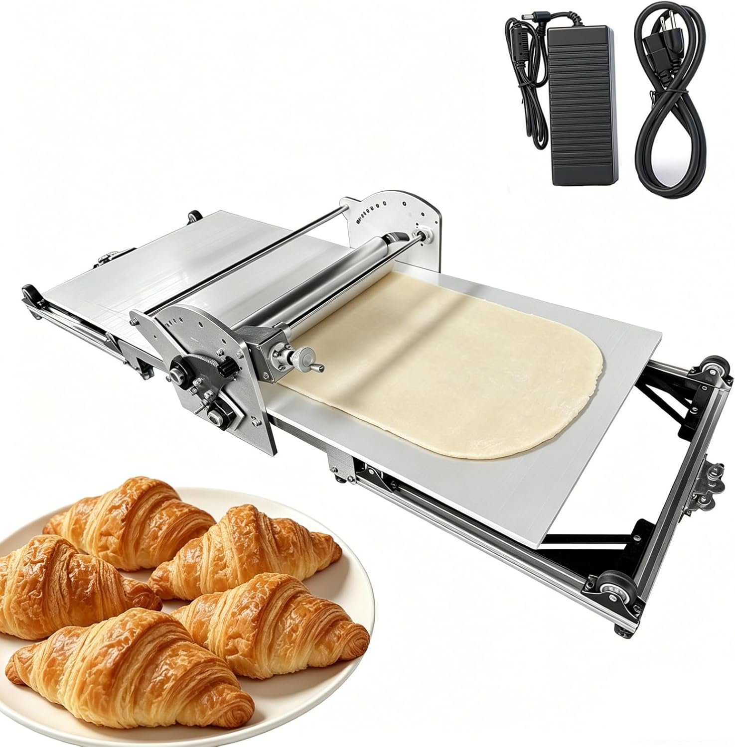 22.7″ Commercial Electric Dough Sheeter, Foldable Dough Roller Machine, Adjustable Thickness(2-30mm), Stainless Steel Dough Laminator for Bakery, Pastry, Home Bakers & Professional Bakeries (22.7″)