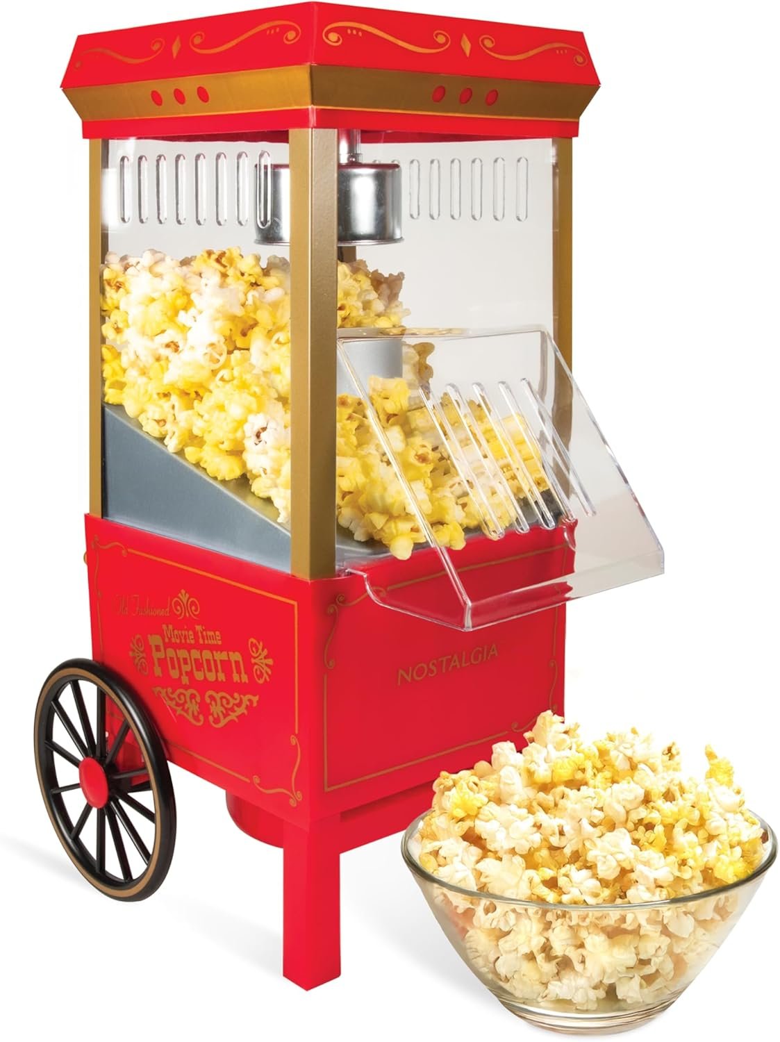 Nostalgia Vintage Hot-Air Popcorn Maker Machine – Makes Up to 12 Cups – Oil-Free – Healthier Popcorn – Classic Stand-Up Cart With Wheels – Includes Kernel Measuring Cup – Red