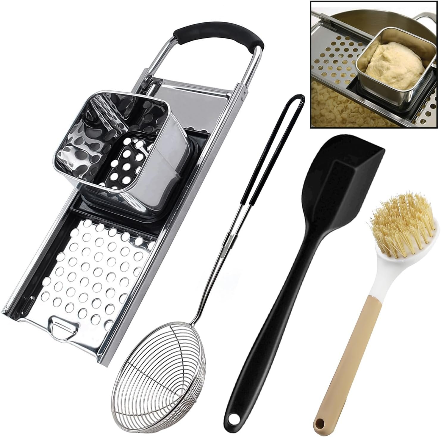 Premium Grade Stainless Steel Spaetzle Maker with Comfort Grip Handle, Stainless Steel Spider Strainer Skimmer Spoon with Cleaning Brush, Homemade German Egg Noodle Dumpling Making Tool Set