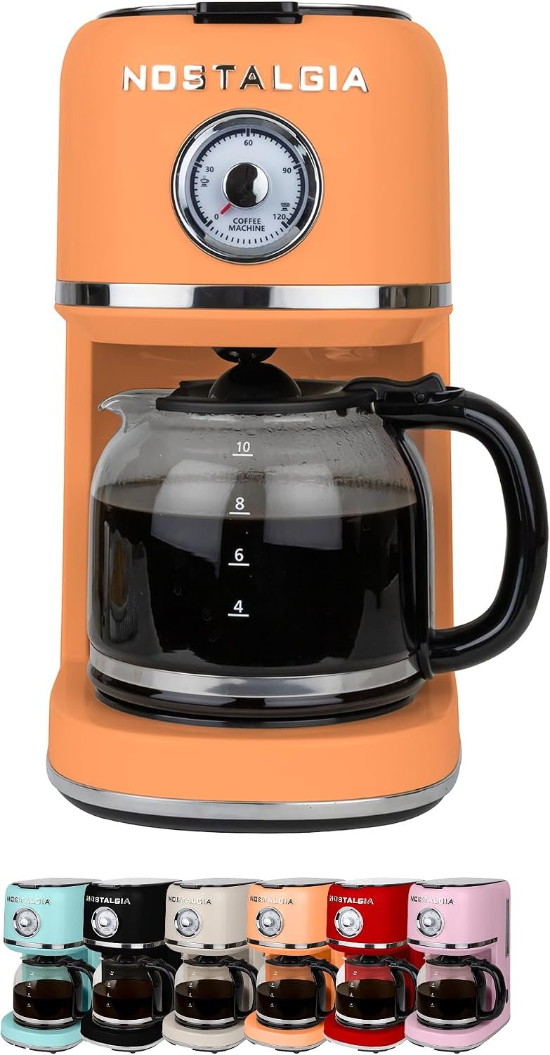 Nostalgia Classic Retro 10 Cup Coffee Maker – One-Touch Drip Brew, Reusable Filter – Anti-Drip, Auto Shutoff, & Time Display – Dishwasher Safe 50 oz Carafe – Orange