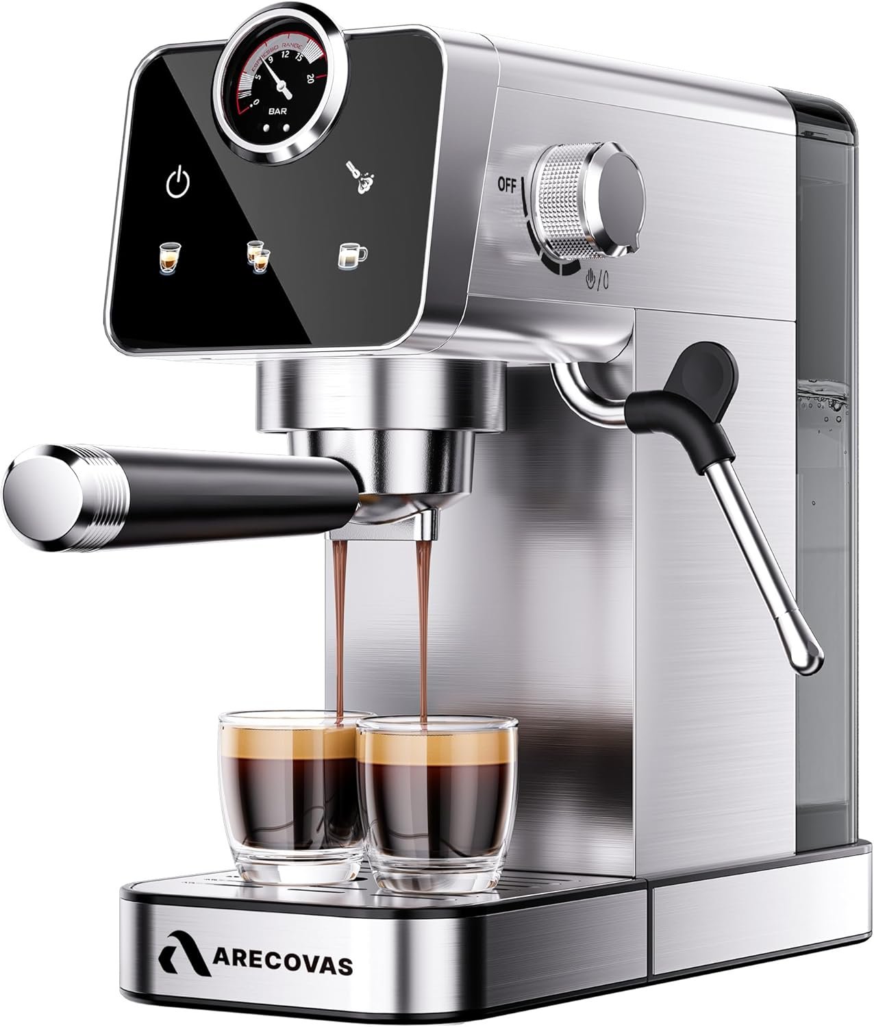 Arecovas Espresso Machine with Milk Frother, 20 Bar Compact Coffee Machine with Touch Screen & 41oz Water Tank for Home Use, Stainless Steel Espresso Coffee Maker for Americano, Cappuccino, Latte