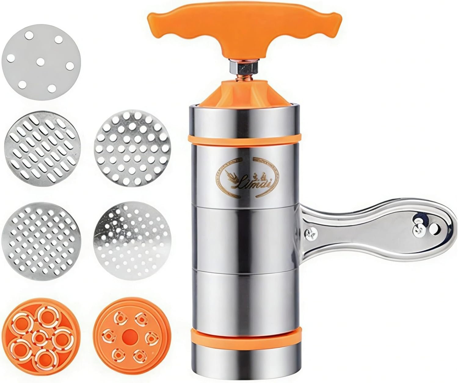 Manual Noodle Maker, Stainless Steel Pasta Machine with 7 Molds, Compact 7.1 Inch, Orange Handle, Easy to Clean