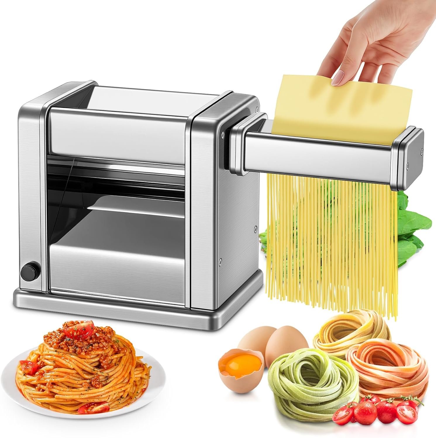 FOHERE Electric Pasta Maker Machine, Adjustable Thickness Noodle Maker for Spaghetti, Fettuccine, Lasagna & Dumpling Skins | 7-Level Customization, Food-Grade Stainless Steel, Easy Clean