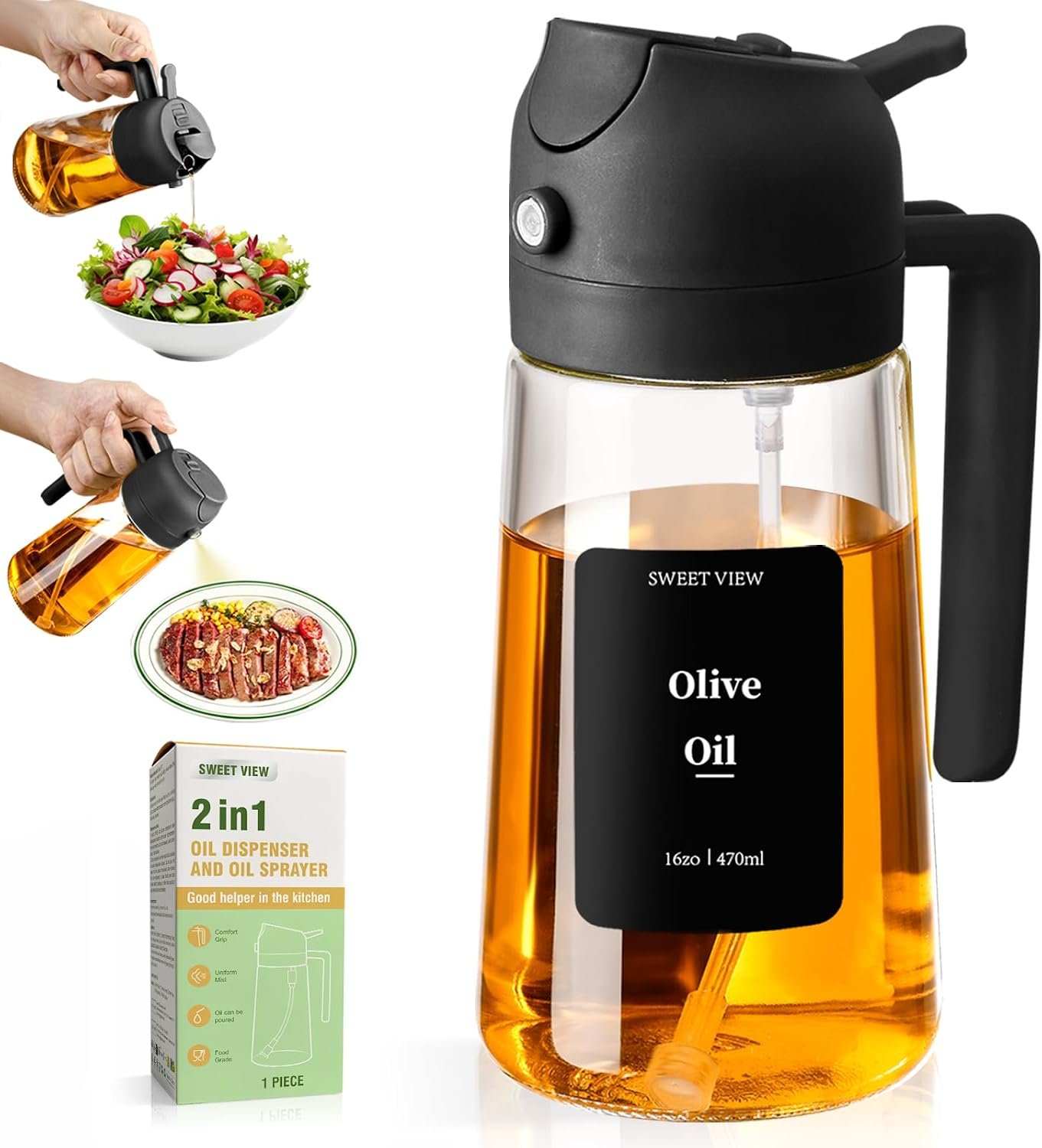 SWEET VIEW Olive Oil Sprayer for Cooking 16oz/470ml | Glass Oil Dispenser/Pour Bottle, Kitchen Accessories, Kitchen Gadgets for Air Fryer, Salad, BBQ, with Stickers (Black)