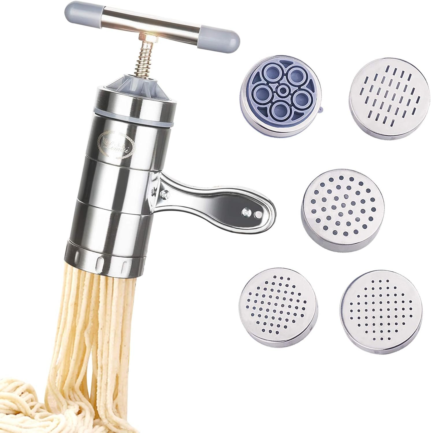 Stainless Steel Manual Noodles Maker, Portable Pasta Maker Noodle Making Press Machine Spaghetti Making Tools with 5 Noodle Mould