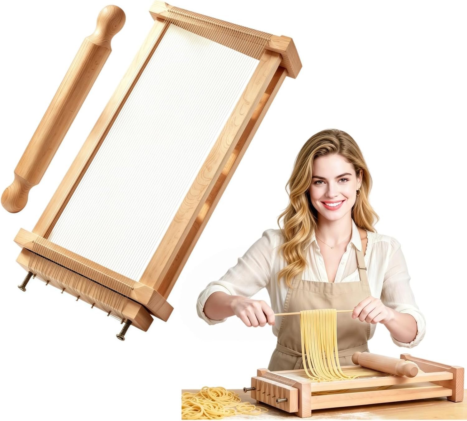Chitarra Pasta Cutter Manual Pasta Maker – Natural Beechwood Pasta Guitar with Dual-Width Cutting, Stainless Steel Strings for Spaghetti & Tonnarelli, Italian Style for Home & Pro Chefs