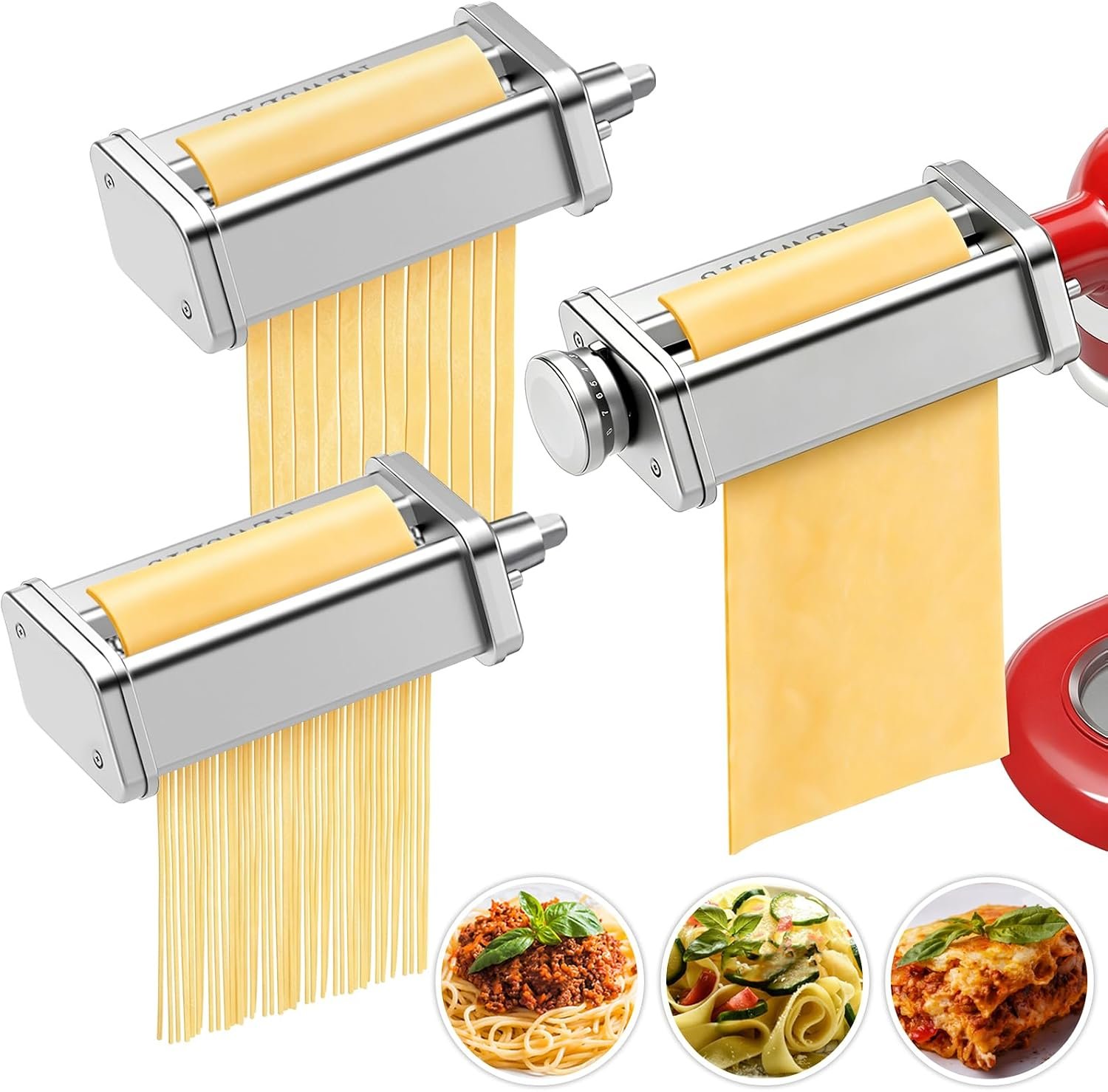 Pasta Attachments for All KitchenAid Mixers, Roller & Cutters, 3-Piece Set | Separate Roller, Fettuccine & Spaghetti Cutter; stainless steel, 8 thickness levels, stable rolling, with brush