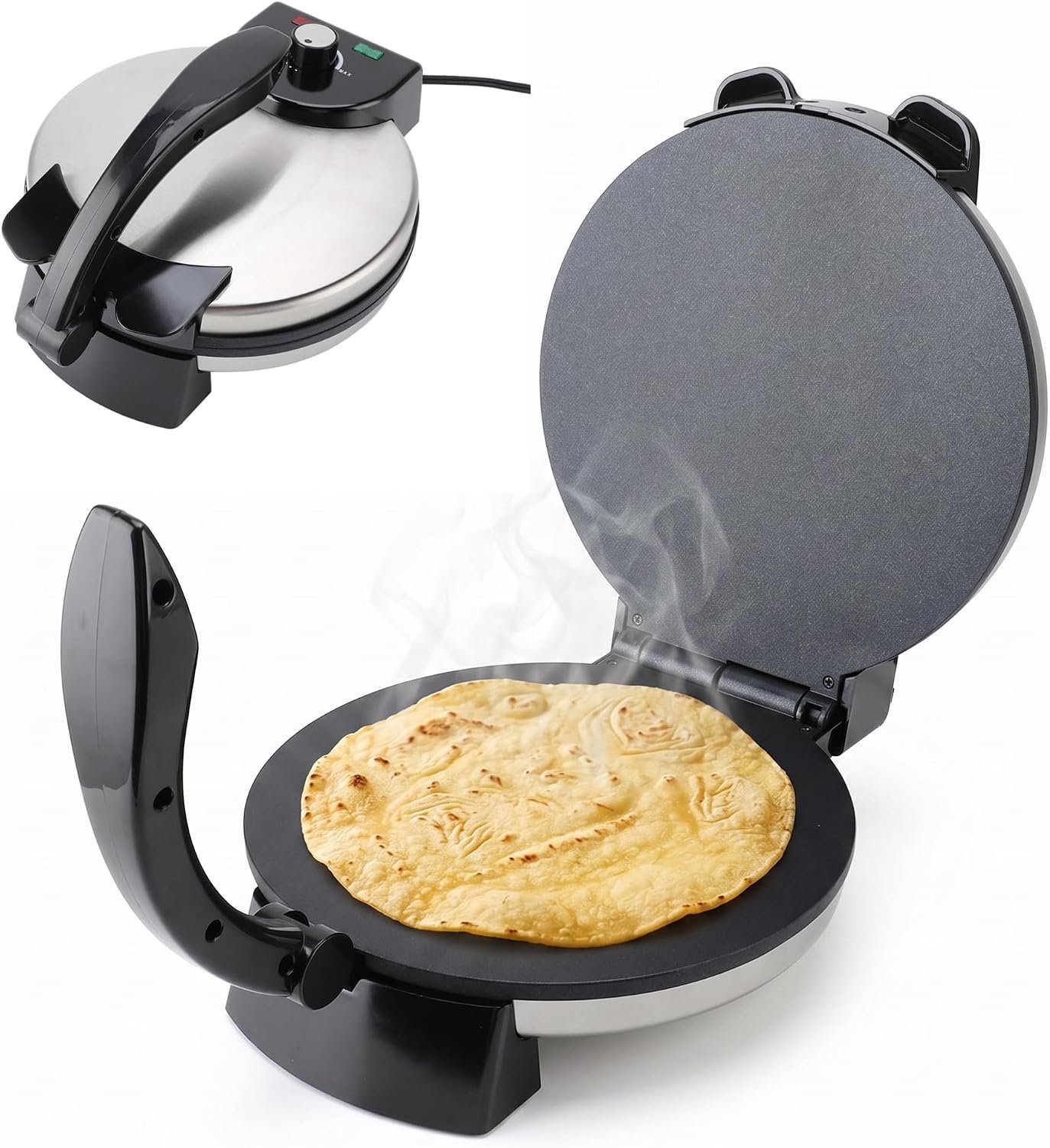 Roti Maker Machine 10 Inch Non Stick Electric Tortilla Maker Electric Tortilla Press Stainless Steel Aluminum Alloy Roti Maker Machine Pancake Machine With Knob Temperature Control