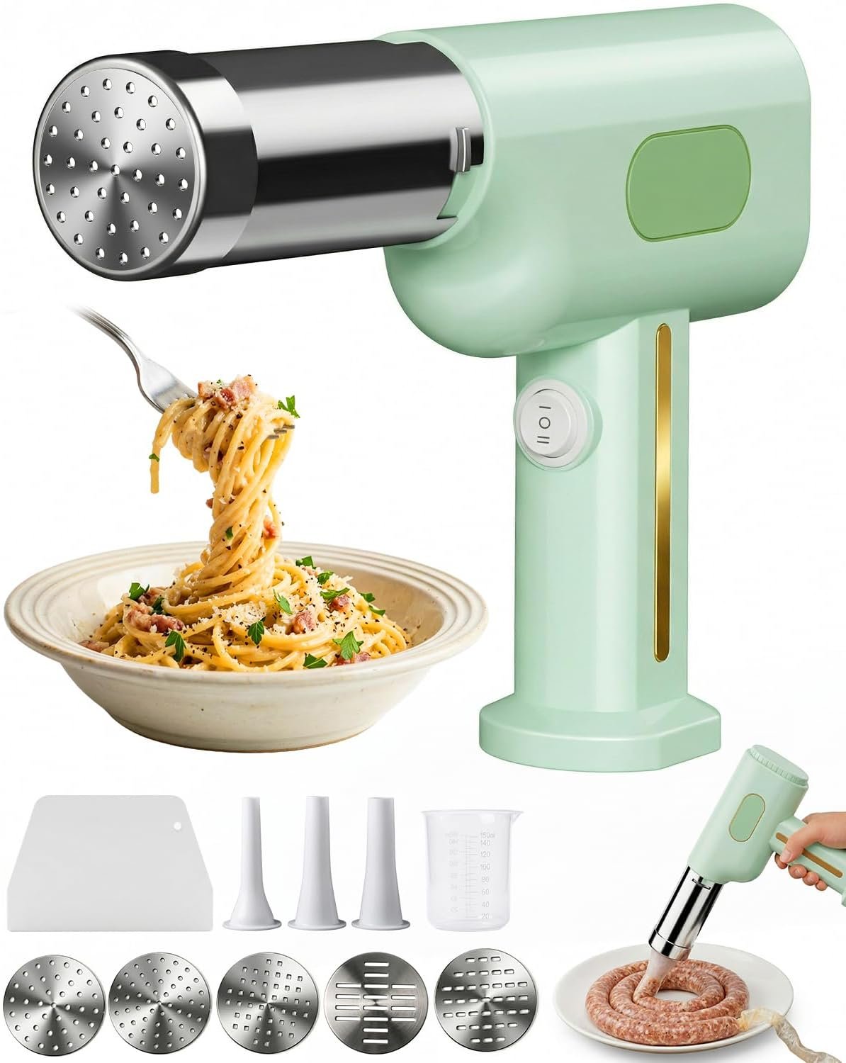 Pasta Maker Machine, Electric Handheld Pasta Maker, Sausage Stuffer, All-in-One Cordless Noodle Machine with Shaping Molds Cutter Attachments (Green)