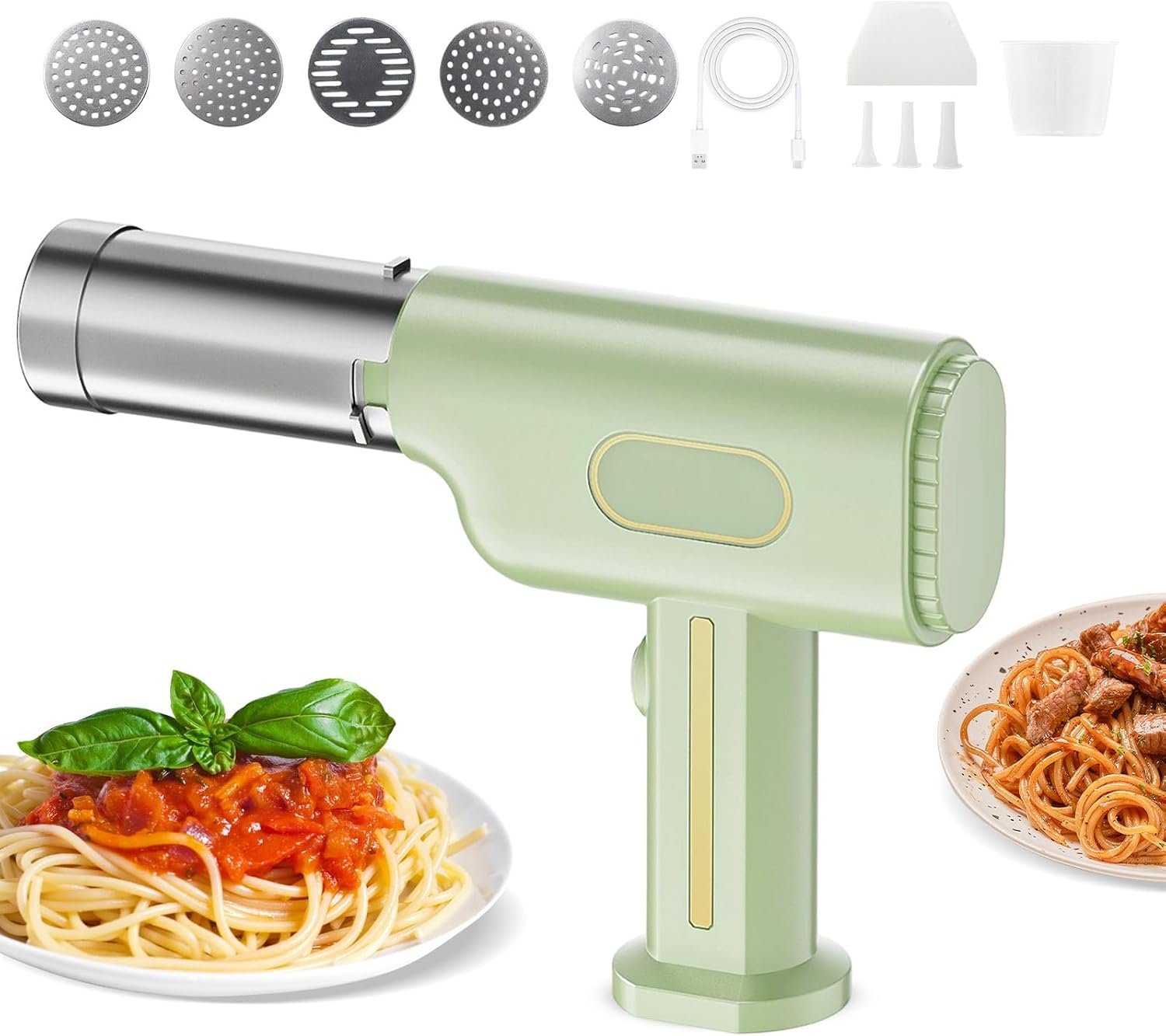 Handheld Electric Pasta Maker, 5-in-1 Cordless Noodle Machine with Molds and Dough Cutter, Portable Automatic Dough Pressing Machine, Stainless Steel, Easy to Clean