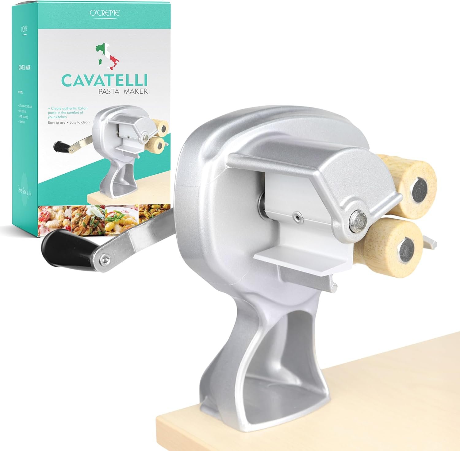 O’Creme Wooden Roller Cavatelli Pasta Maker – Original Italian Pasta Roller Machine – Non-Stick Coating Wooden Rollers Gnocchi Maker Pasta Attachment – Easy to Clean and Precision Cut