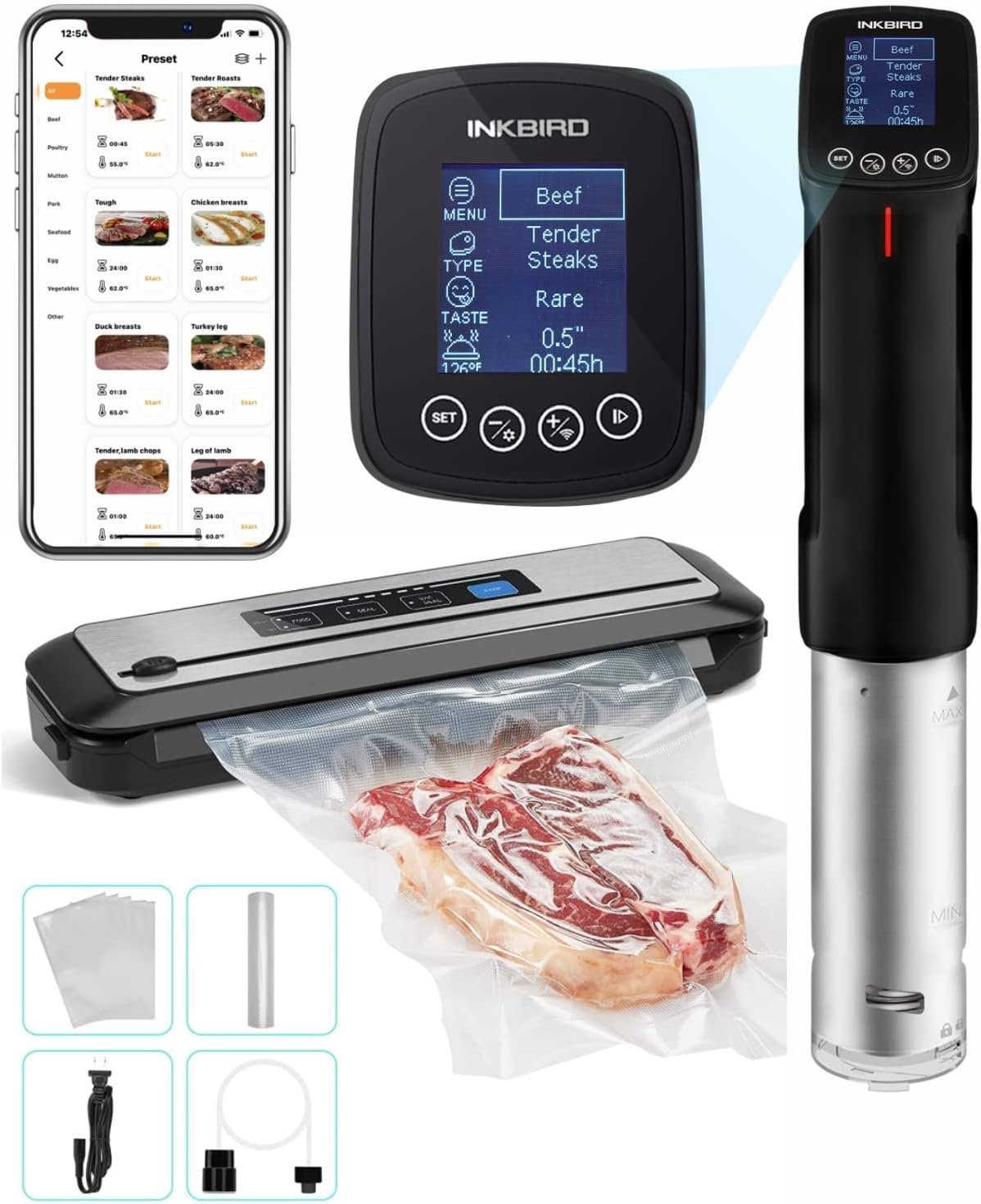 INKBIRD WIFI Sous Vide Cooker Bundle with Vacuum Sealer Machine | 1000W Sous-Vide Cooker Immersion Circulator with 14 Preset Recipes on APP and Thermal Immersion with Timer
