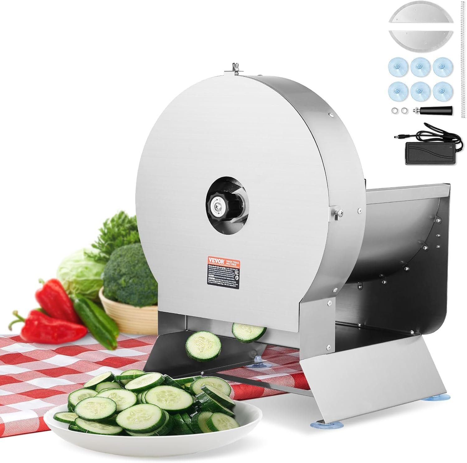 VEVOR Electric Vegetable Slicer, 0-0.5″/0-12mm Thickness Adjustable Commercial Slicer Machine, Convertible to Manual, Stainless Steel Food Cutter Slicing Machine, Large Feed Port for Potato, Tomato