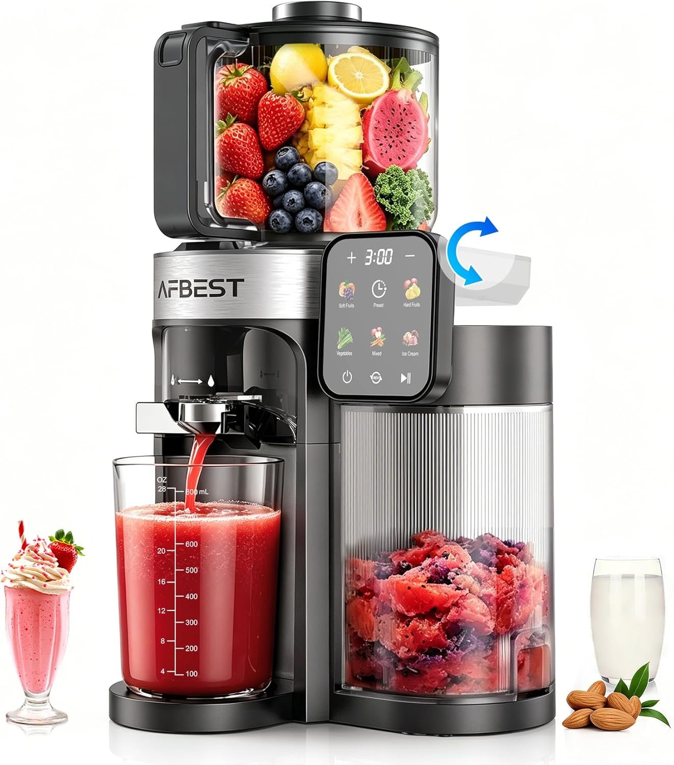 2026 Upgraded Cold Press Juicer Machine, 6.5″ Extra Wide Chute Masticating Juicer with 100oz Self-Feeding Hopper,3-in-1 Smart Touch Slow Juicer for Sorbet & Nut Milk, High Yield, Easy Clean
