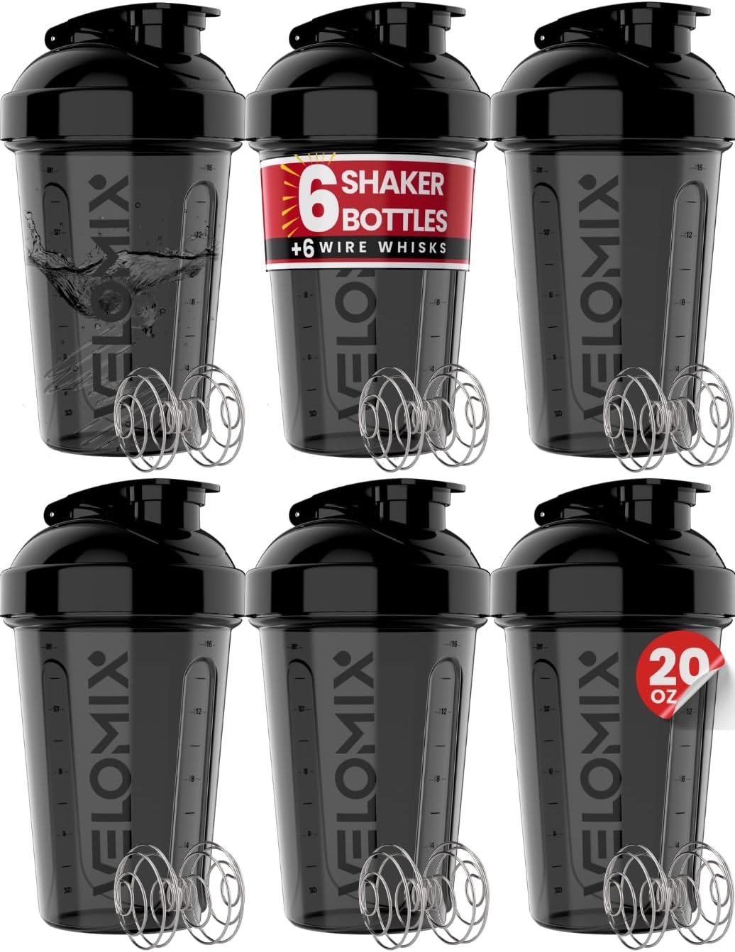 VELOMIX -6 PACK- 20 oz Protein Shaker Bottle for Protein Mixes – 6x Wire Whisk | Leak Proof Shaker Cups for Protein Shakes| Stackable Protein Shaker Bottle Pack | Dishwasher Safe (ALL IN BLACK)