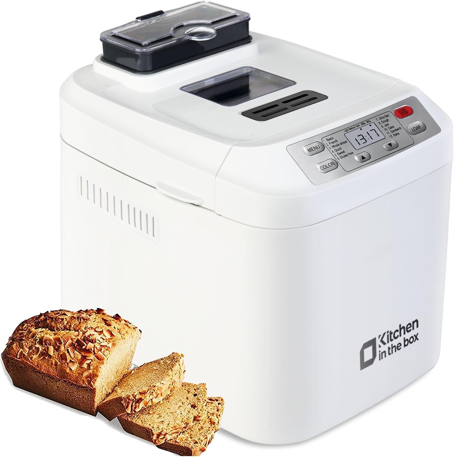 Kitchen in the Box 2lb Bread Maker with Auto Fruit Nut Dispenser, 12-in-1 Gluten-Free Bread Machine, 13H Delay Timer, Nonstick Pan, Keep Warm (White)