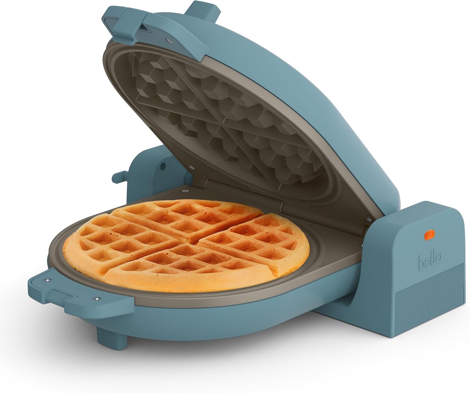 bella Flip-n-Store Waffle Maker, EverGood™ Ceramic Nonstick Coating, Fits-anywhere™ Kitchenware, Power Indicator Light & Touch Handle, 7” Wide & 1″ Deep Plates, 1000 Watt, Surf