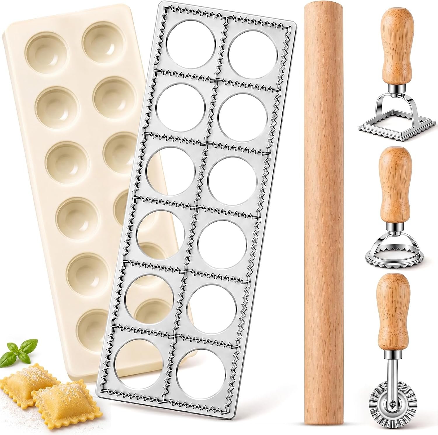 Geetery 5 Pcs Ravioli Mold Set 2 Inch Square Ravioli Maker Cutter Kit with 12-Hole Raviolis Press 3 Pasta Cutter Stamps Wooden Rolling Pin Pasta Making Tool for Homemade Raviolis Home Restaurant Use