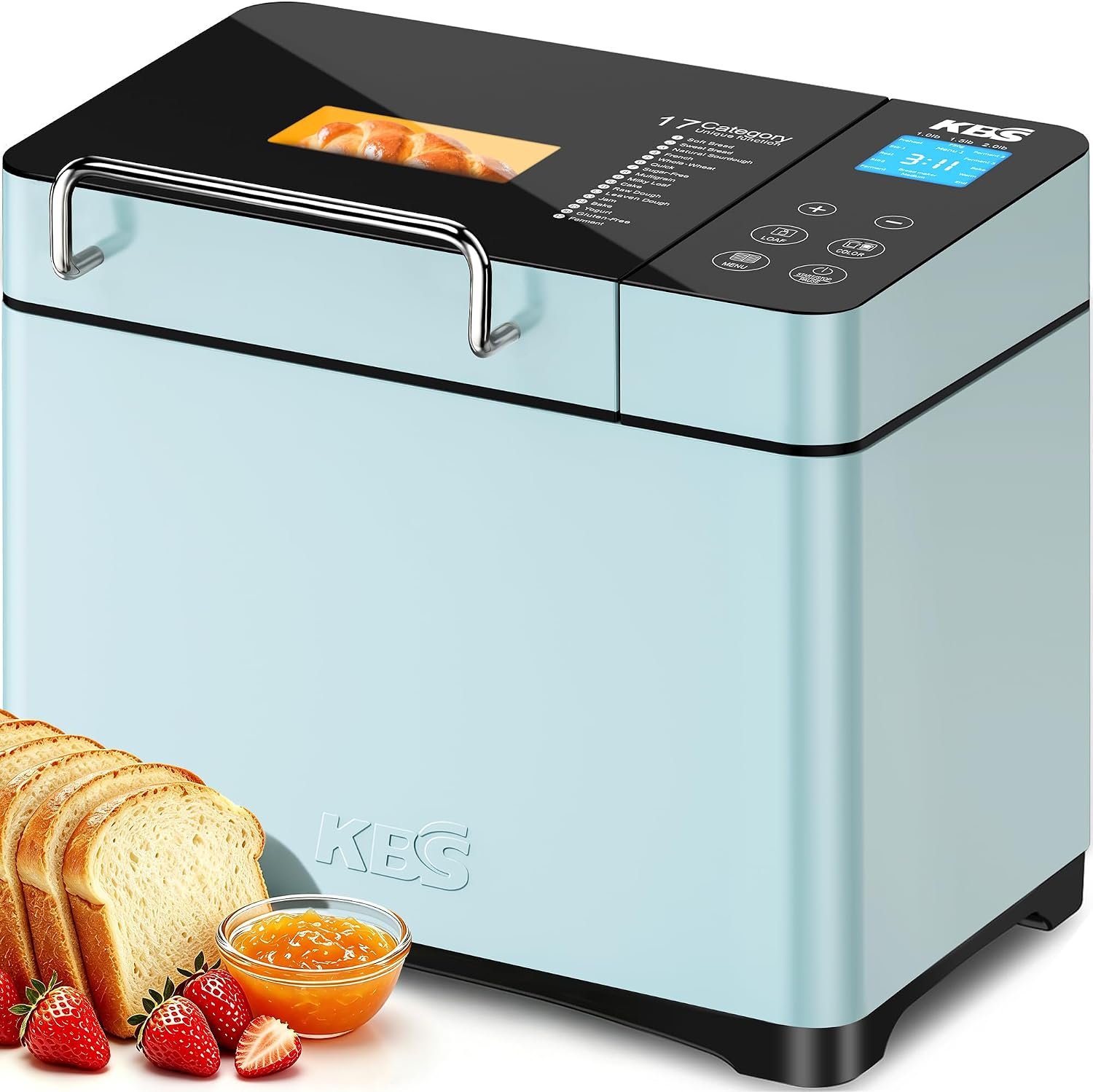 KBS Blue Bread Maker, 2LB Smart Bread Machine with Healthy Ceramic Pan, Touchscreen, Auto Nut Dispenser, 17 Automatic Programs, Gluten Free, Sourdough, Dough, Yogurt & Jam, 15H Timer, Stainless Steel