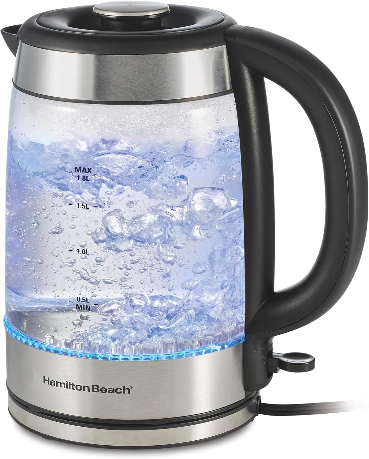 Hamilton Beach Electric Tea Kettle, Water Boiler & Heater, 1.8 Liter, 1500 Watts for Fast Boiling, BPA Free, Cordless Serving, Auto-Shutoff & Boil-Dry Protection, Blue LED, Glass (40853C)