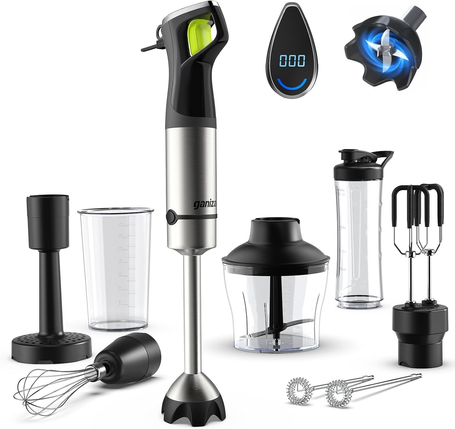 Ganiza Immersion Blender, Max 1200W Heavy Duty Hand Blender with Time Display & Variable Speed Trigger, 9-in-1 Electric Handheld Mixer with Chopper Whisk Frother Beaker Ideal for Soup Puree Smoothies