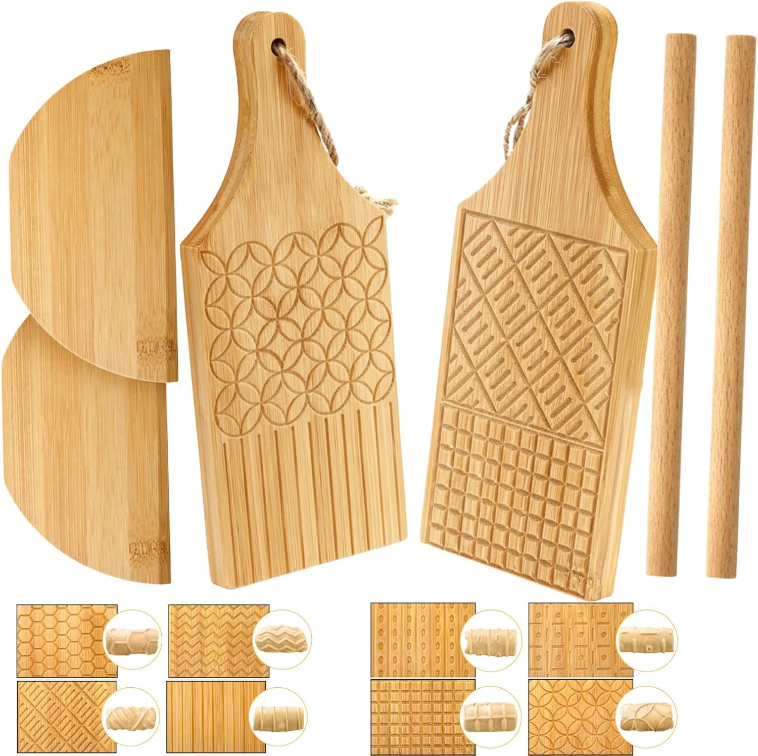 ZENFUN 4 Pieces Bamboo Gnocchi Board Gnocchi Pasta Board, Gnocchi Board Set for Rolling Dough, 2 Pcs Paddles 2 Pcs Rollers, Gnocchi Stripper, Bamboo Traditional Pasta Shaper Tools