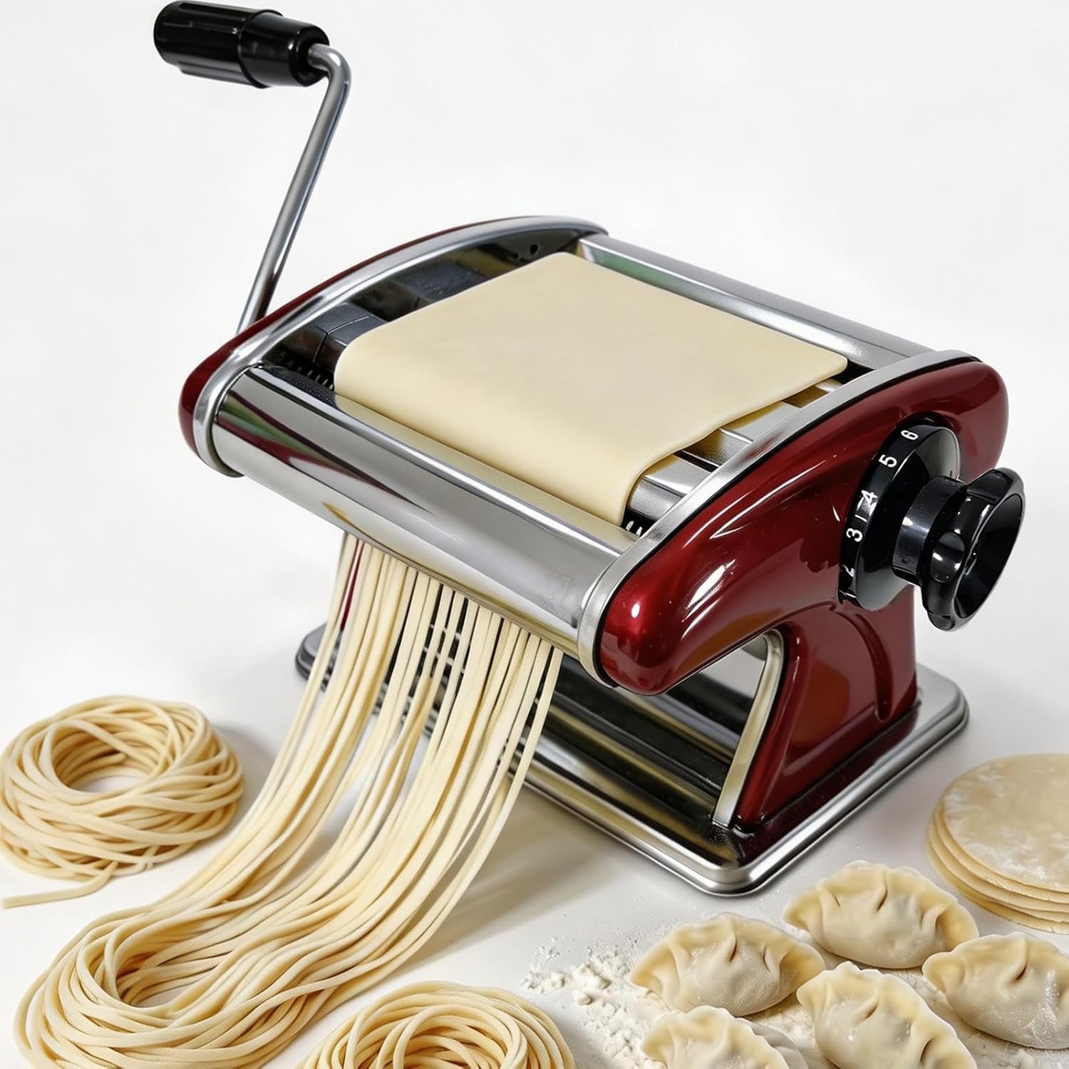 Manual Pasta Maker, 2-in-1 Stainless Steel Noodle Machine with 2mm & 4mm Built-in Cutters, Adjustable Thickness 0.3-5mm for Spaghetti, Fettuccine, Lasagna Sheets & Dumpling Wrappers