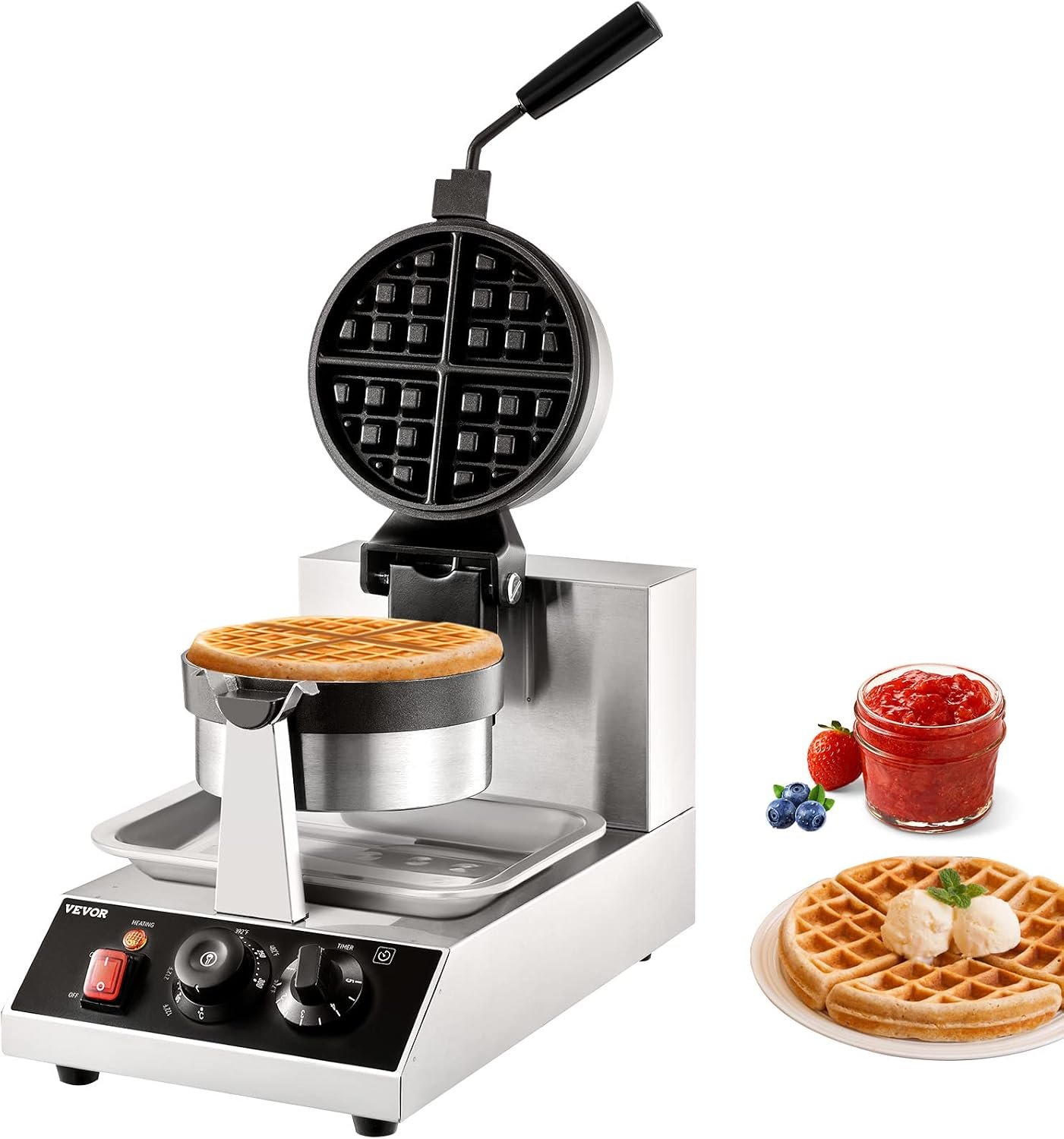 VEVOR Commercial Waffle Maker, 1300W Round Waffle Iron, Non-Stick Rotatable Waffle Baker Machine With 122-572℉ Temp Range and Time Control, Teflon-Coated Baking Pan Stainless Steel Body 110V