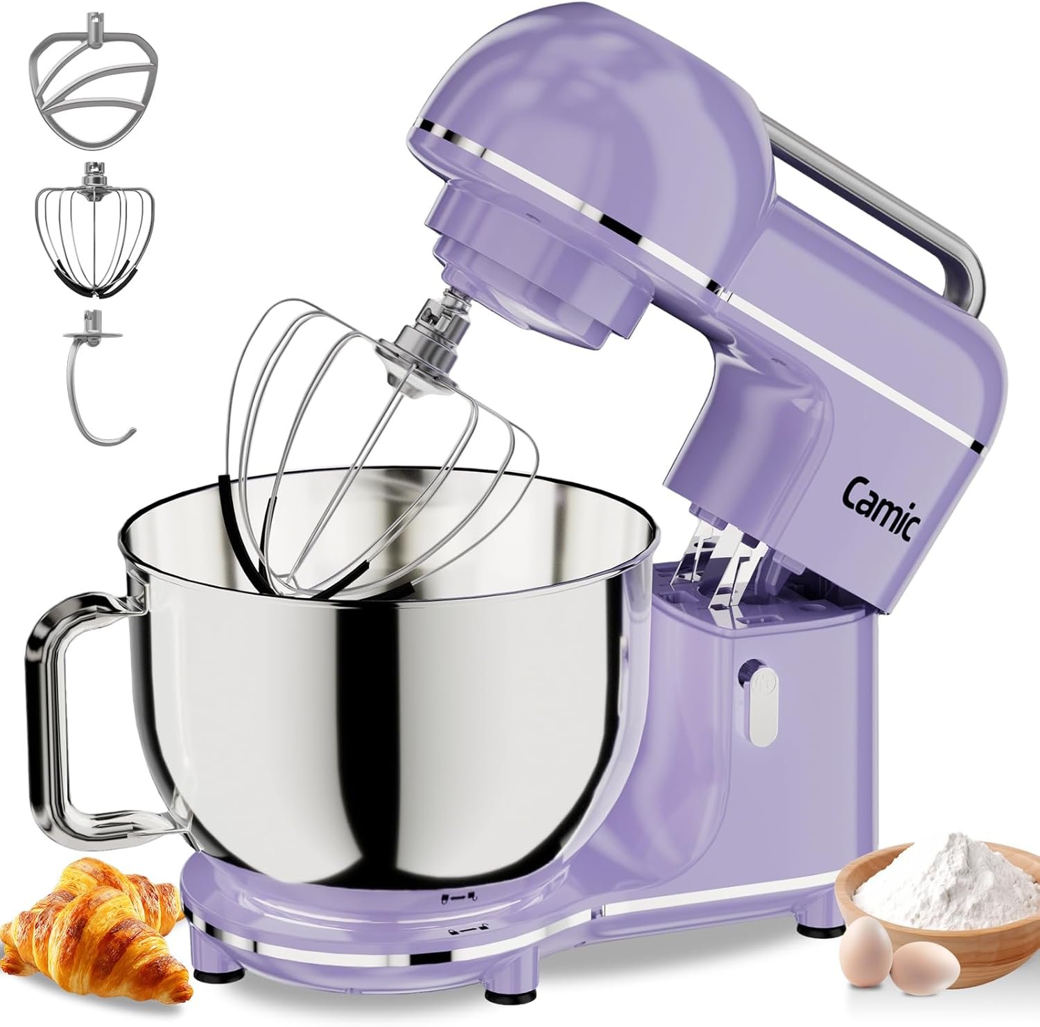Camic Electric Stand Mixer,7.45 QT,10 Speeds with Dough Hook,Whisk, Flat Beater Attachments, Splash Guard, Easy-Carry Top Handle,3-IN-1 Kitchen Mixer for Baking Cakes Cookie Bread Salad (Purple)