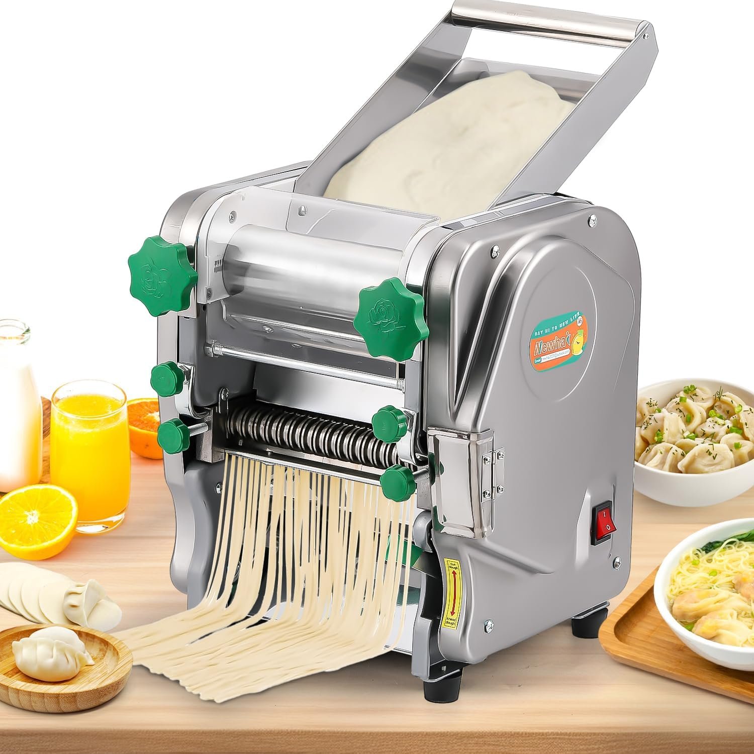 Newhai Commercial Electric Pasta Maker 2-in-1 Automatic Noodle Machine Thickness Adjustable 2mm 6mm Noodle Heavy Duty Dough Roller Pressing Machine, 750W