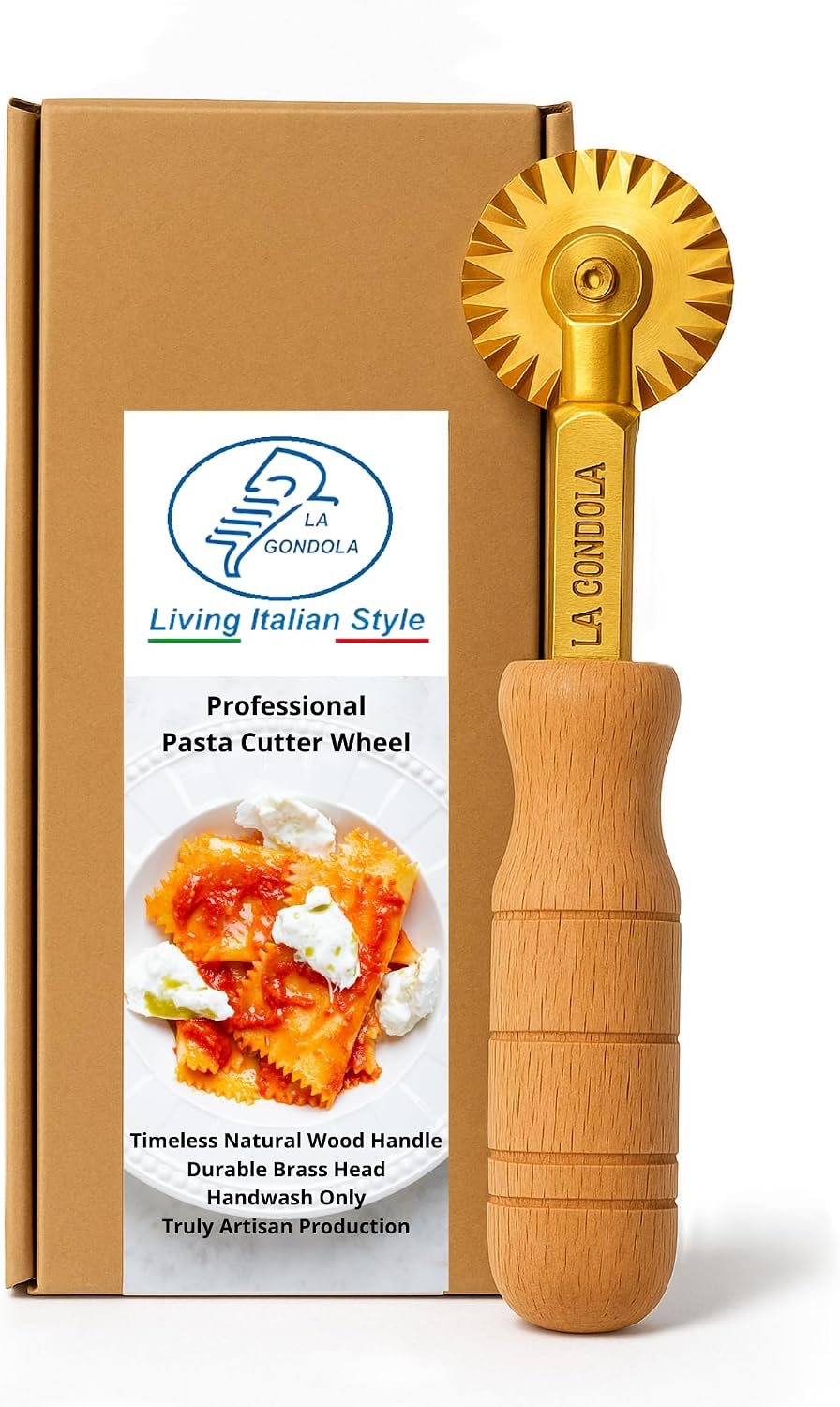 La Gondola Homemade Pasta Cutter – Festooned Wheel | Italian Pasta Making Tool for Home and Business | Brass & Natural Wood | Safe & Easy to Use Pasta Cutting Tool | Ravioli Cutter Made in Italy