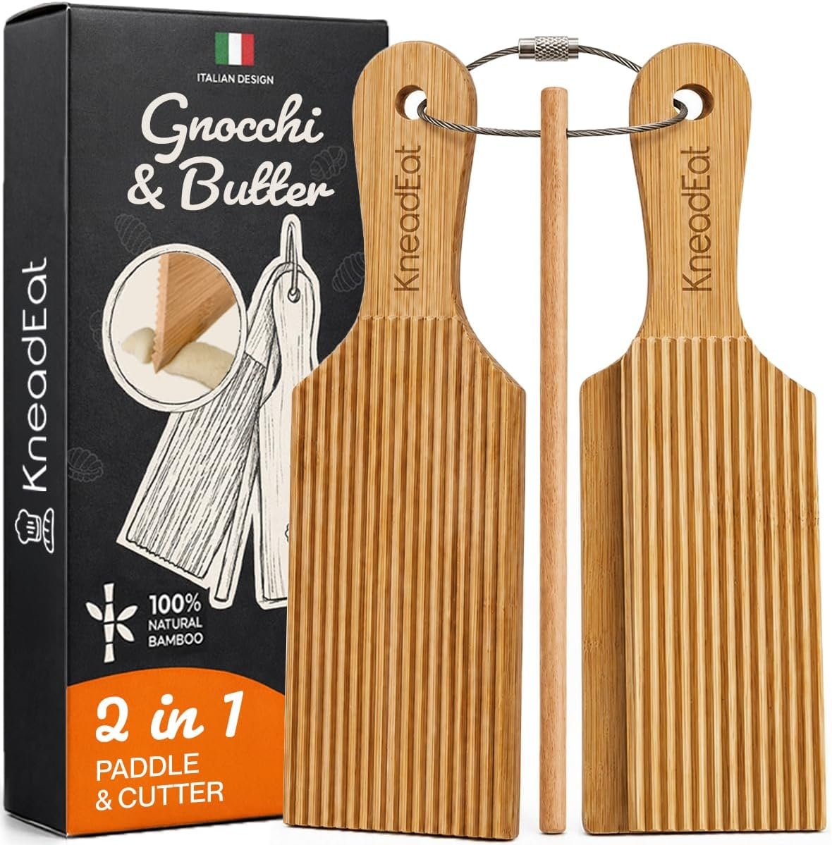 KneadEat Cavatelli, Garganelli and Gnocchi Board Maker Set – Wood Gnocchi Pasta Board with Roller, Dough Cutter and Butter Shaper for Homemade Italian Cooking
