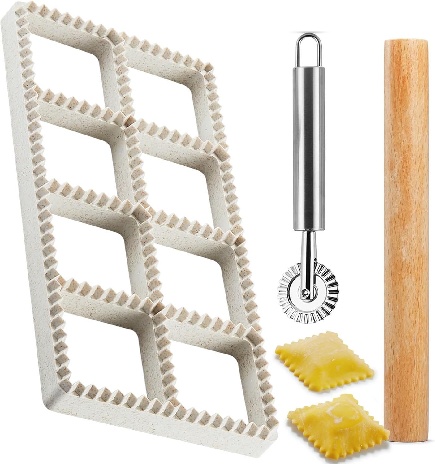 Ravioli Maker Press, Ravioli Press Mold Set – Squares Ravioli Stamp Maker Cutter with Wood Rolling Pin and Ravioli Wheel, Ravioli Stamp Pasta Making Tools | Makes 8 Ravioli, 1.85″