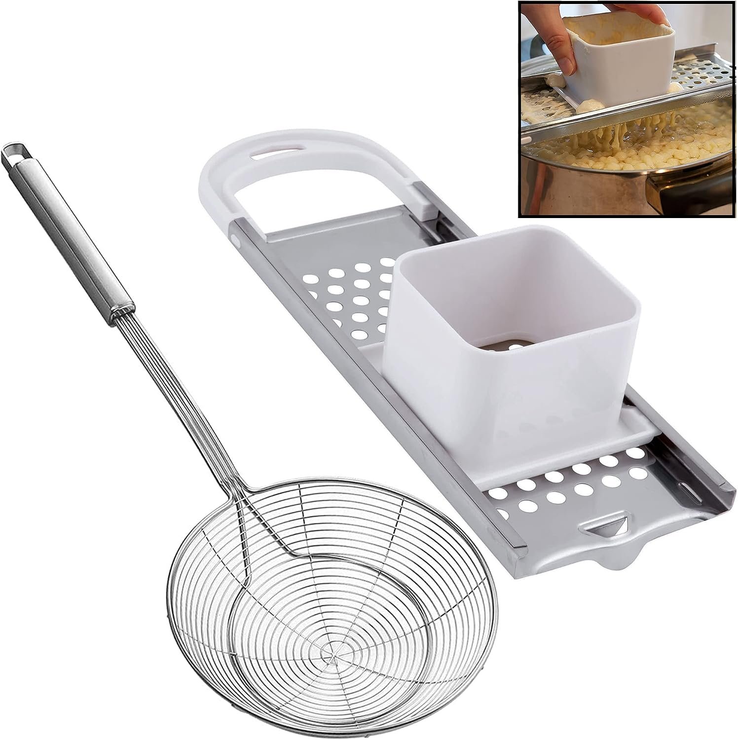 Premium Grade Stainless Steel Spaetzle Maker with Safety Pusher, Stainless Steel Spider Strainer Skimmer Spoon Pasta Strainer, Homemade Traditional German Egg Noodle Dumpling Making Tool Set