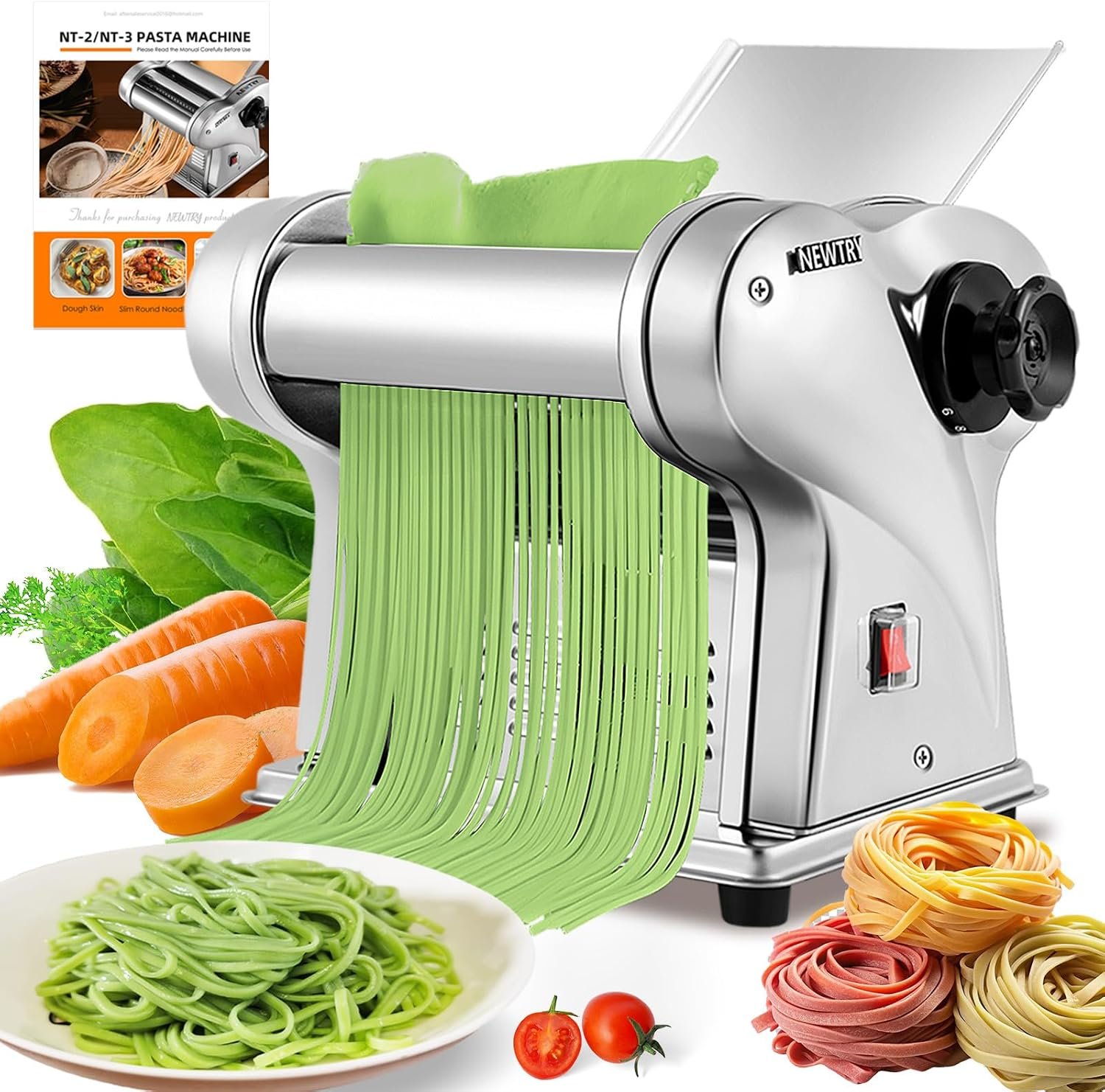 NEWTRY Electric Pasta Maker Noodle Maker Pasta Making Machine Dough Roller Cutter Thickness Adjustable Stainless Steel US 110V for Family Use 2 Blades Type
